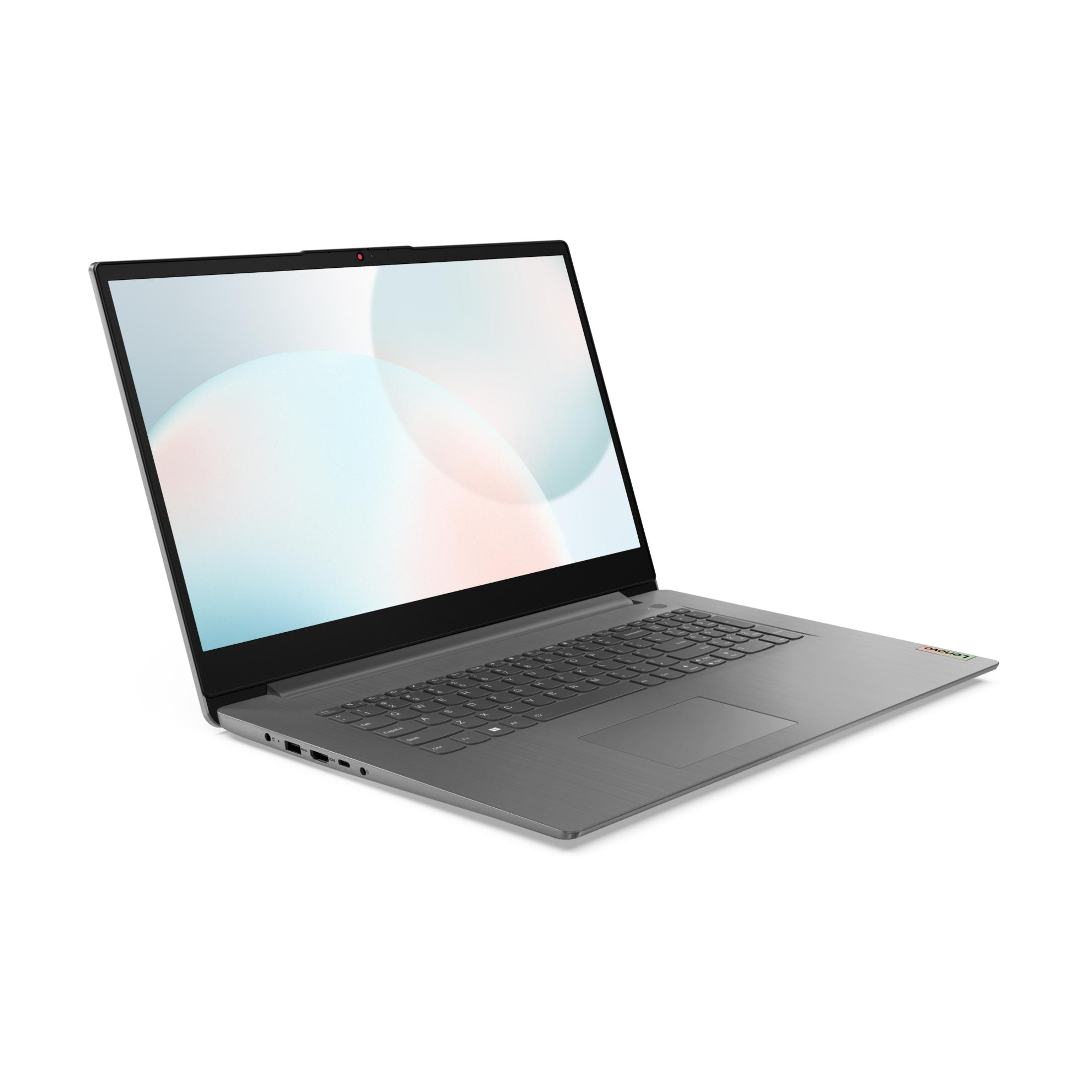 Ein grauer Lenovo Laptop ist geöffnet und zeigt einen hellblauen und weißen Hintergrund auf dem Bildschirm.