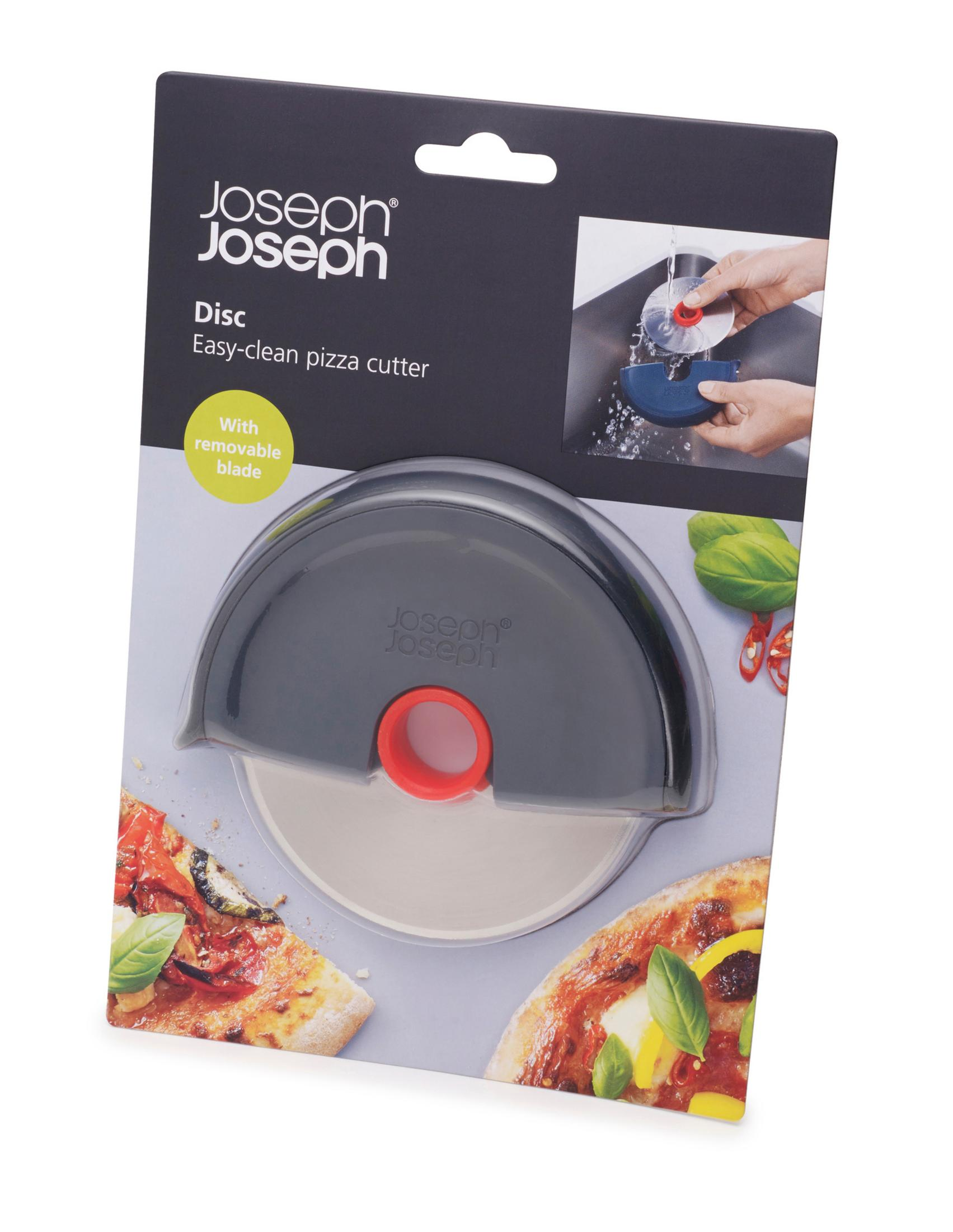 Çıkarılabilir bıçak, pizza resimleri ve ürün detayları içeren paketlenmiş Joseph Joseph pizza kesici.