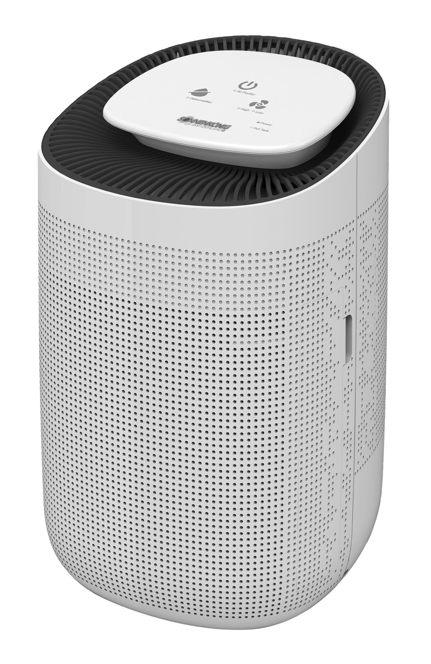 Un purificatore d'aria cilindrico bianco con una superficie perforata e un pannello superiore con comandi.