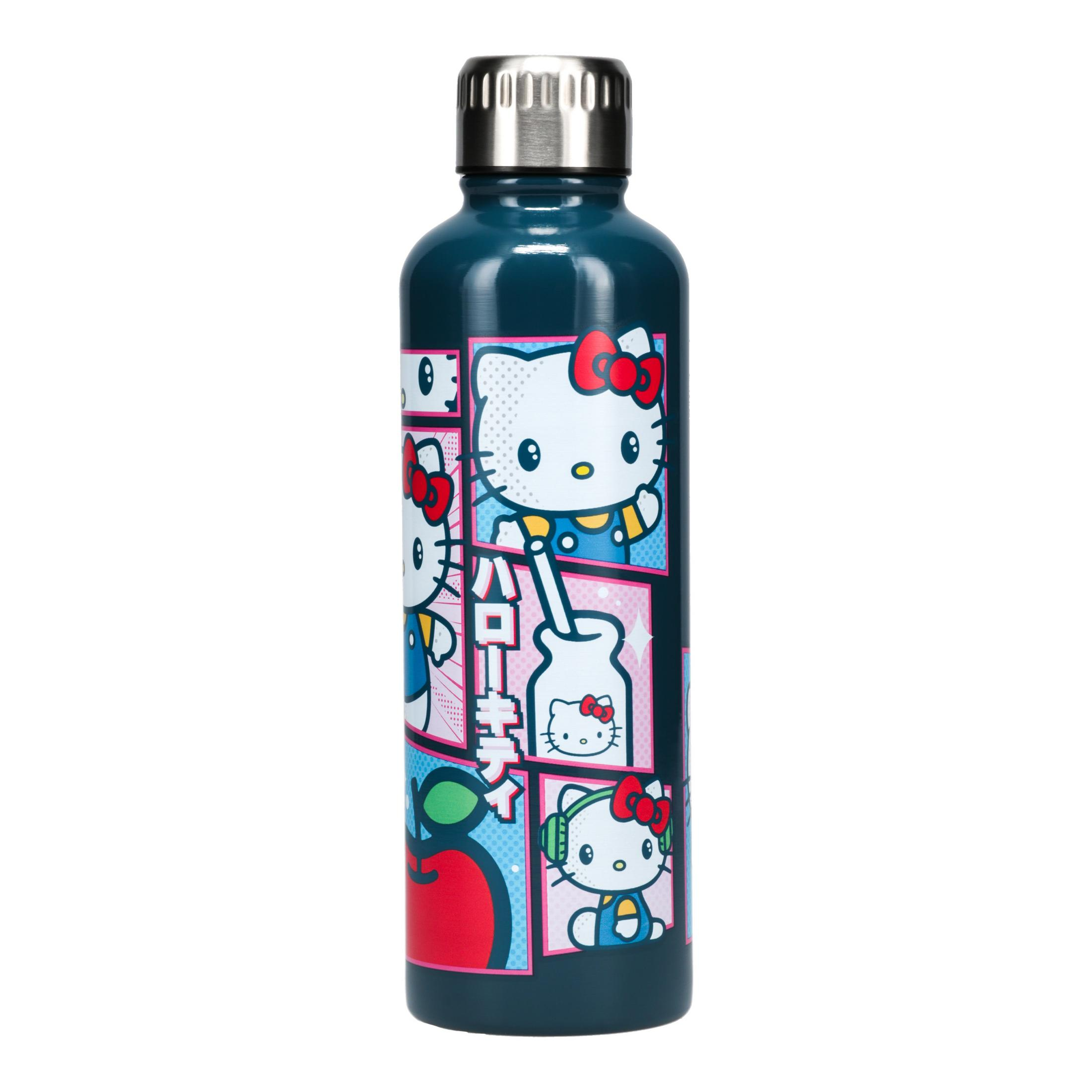 Turkusowa metalowa butelka na wodę z motywem Hello Kitty, różnymi grafikami i srebrną zakrętką.