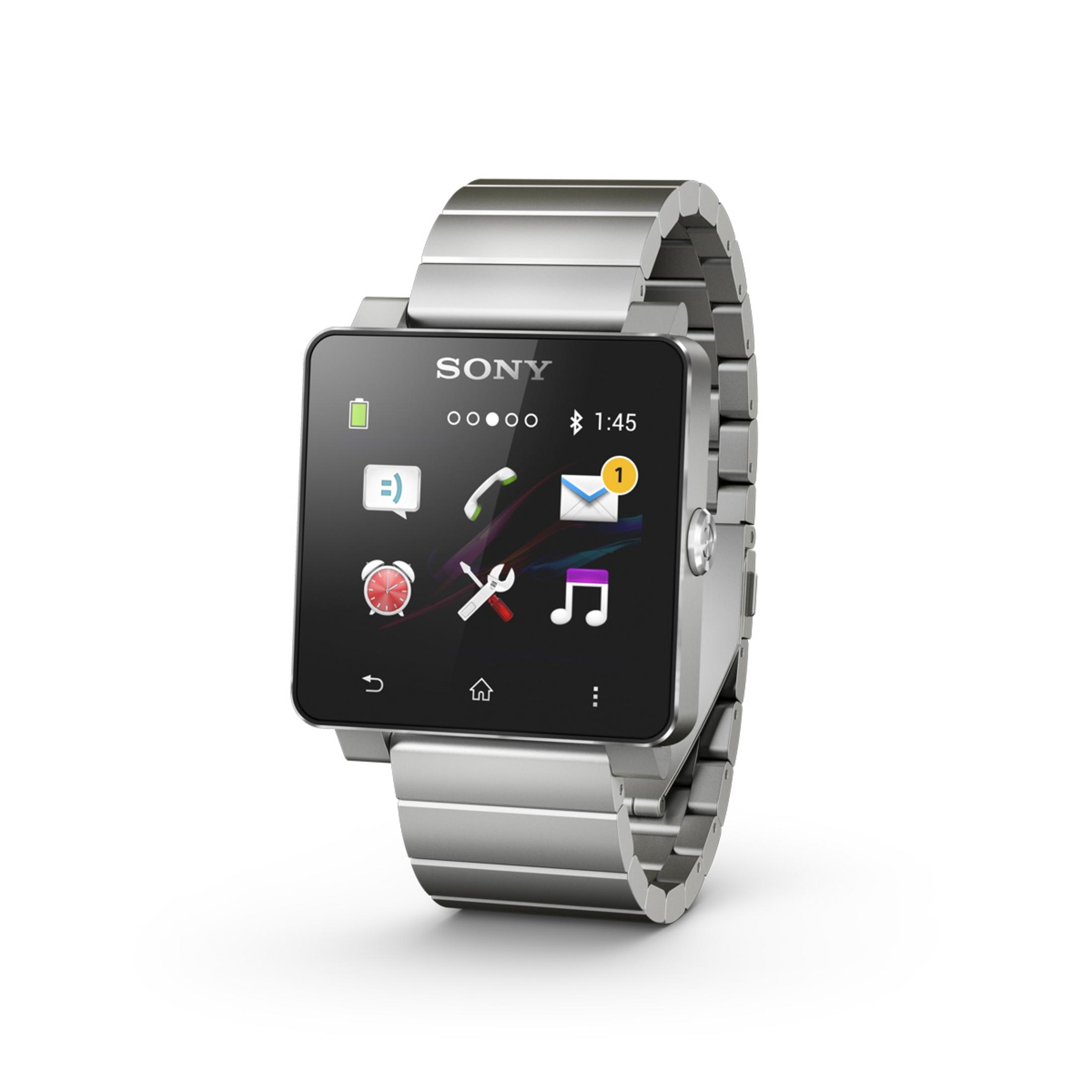 Silberne Sony Smartwatch auf einem weißen Hintergrund, die Symbole und die Uhrzeit 1:45 anzeigt.