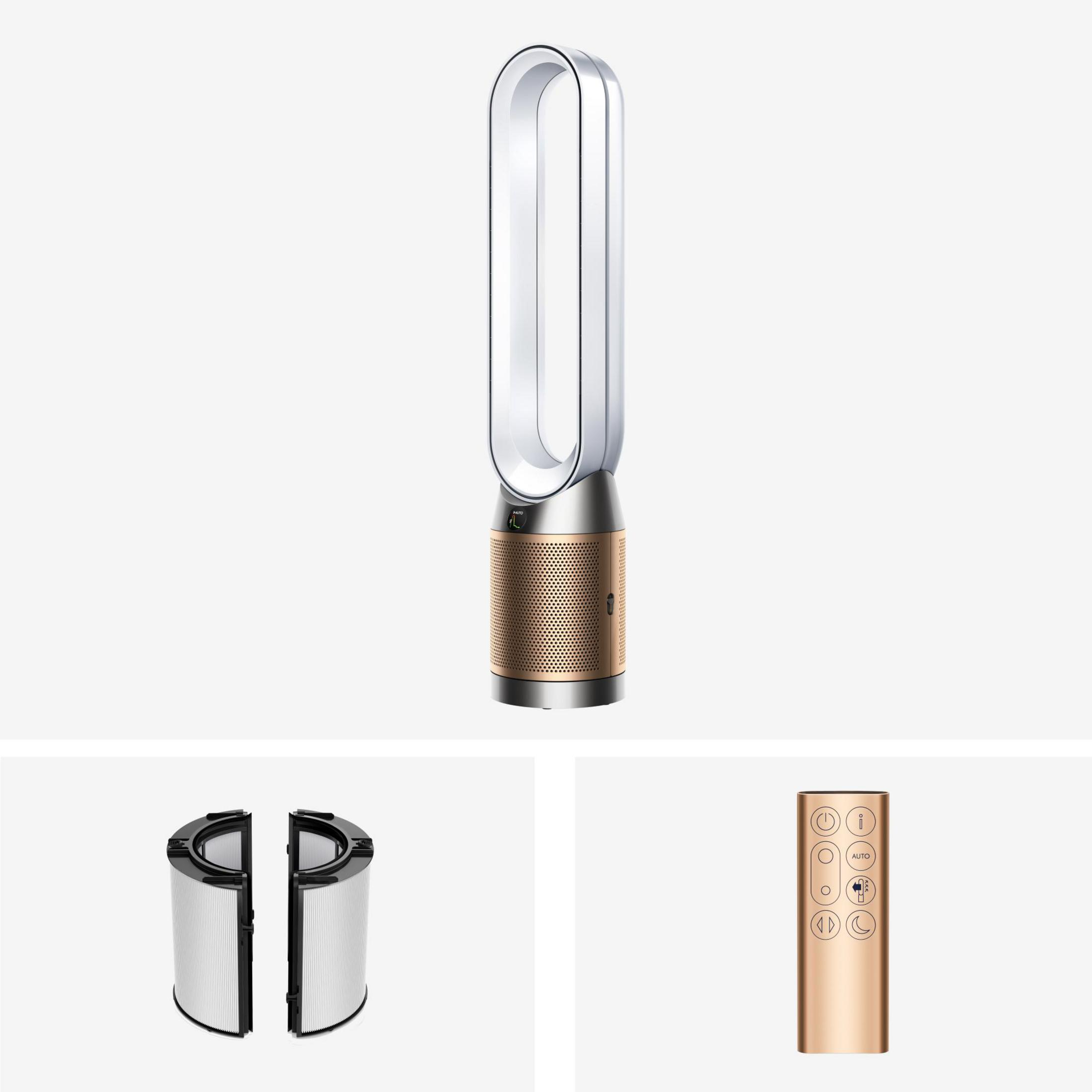 Ein blattloser Dyson-Ventilator, Filter und Fernbedienung mit einem silbernen und kupferfarbenen Farbschema auf weißem Hintergrund.