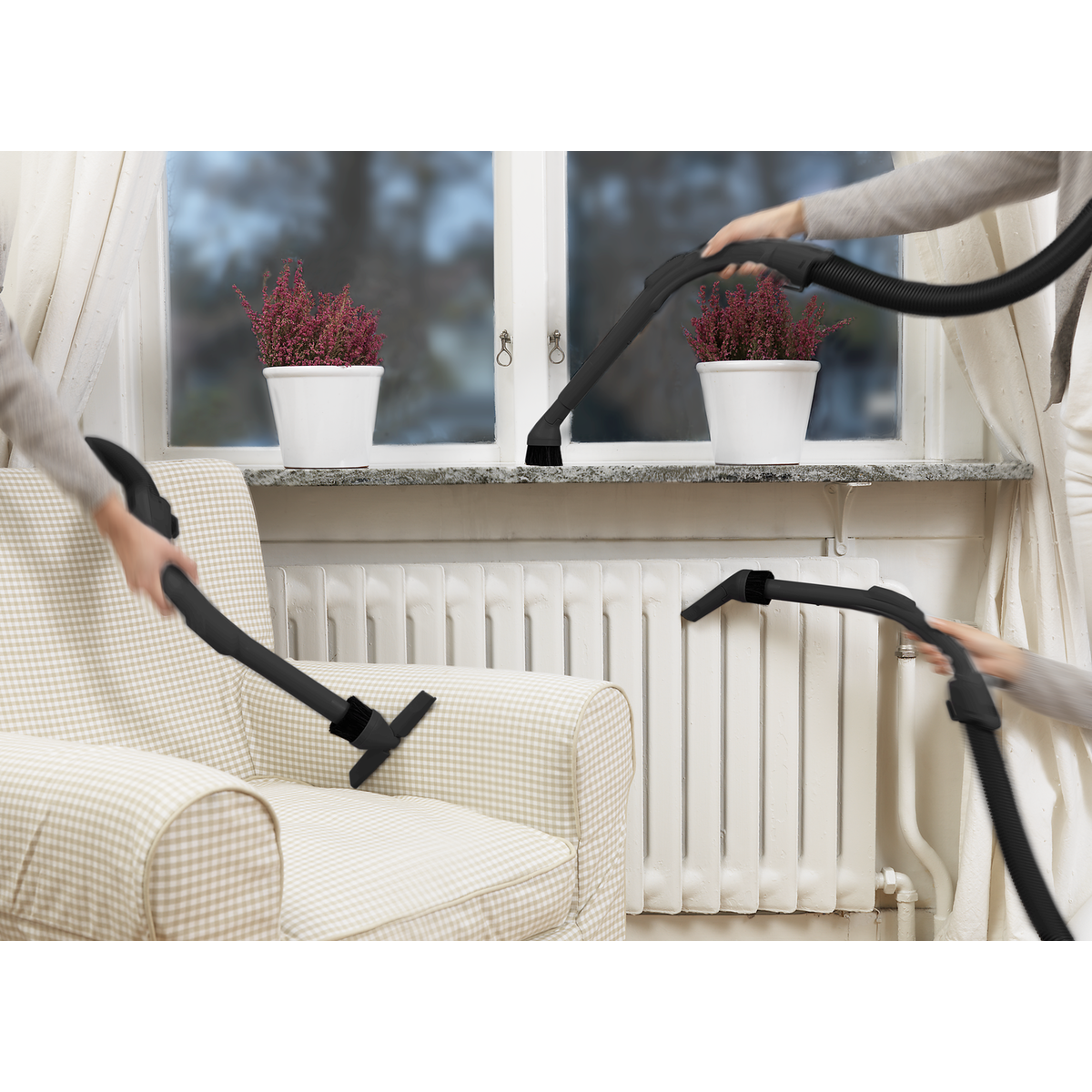 Plusieurs mains aspirant des meubles, un radiateur et un rebord de fenêtre avec des plantes en pot.