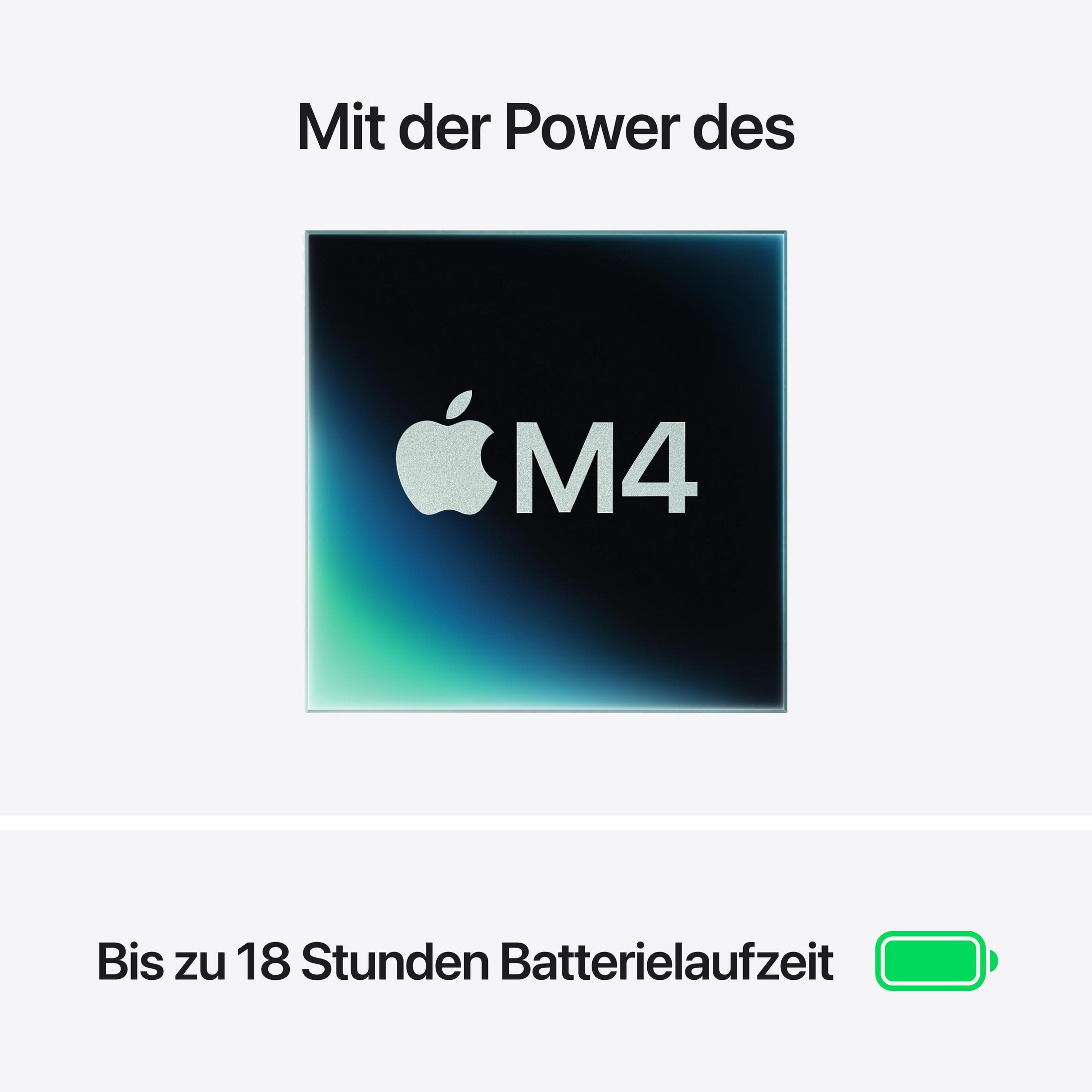 Obraz logo układu Apple M4 i tekst o żywotności baterii na białym tle.