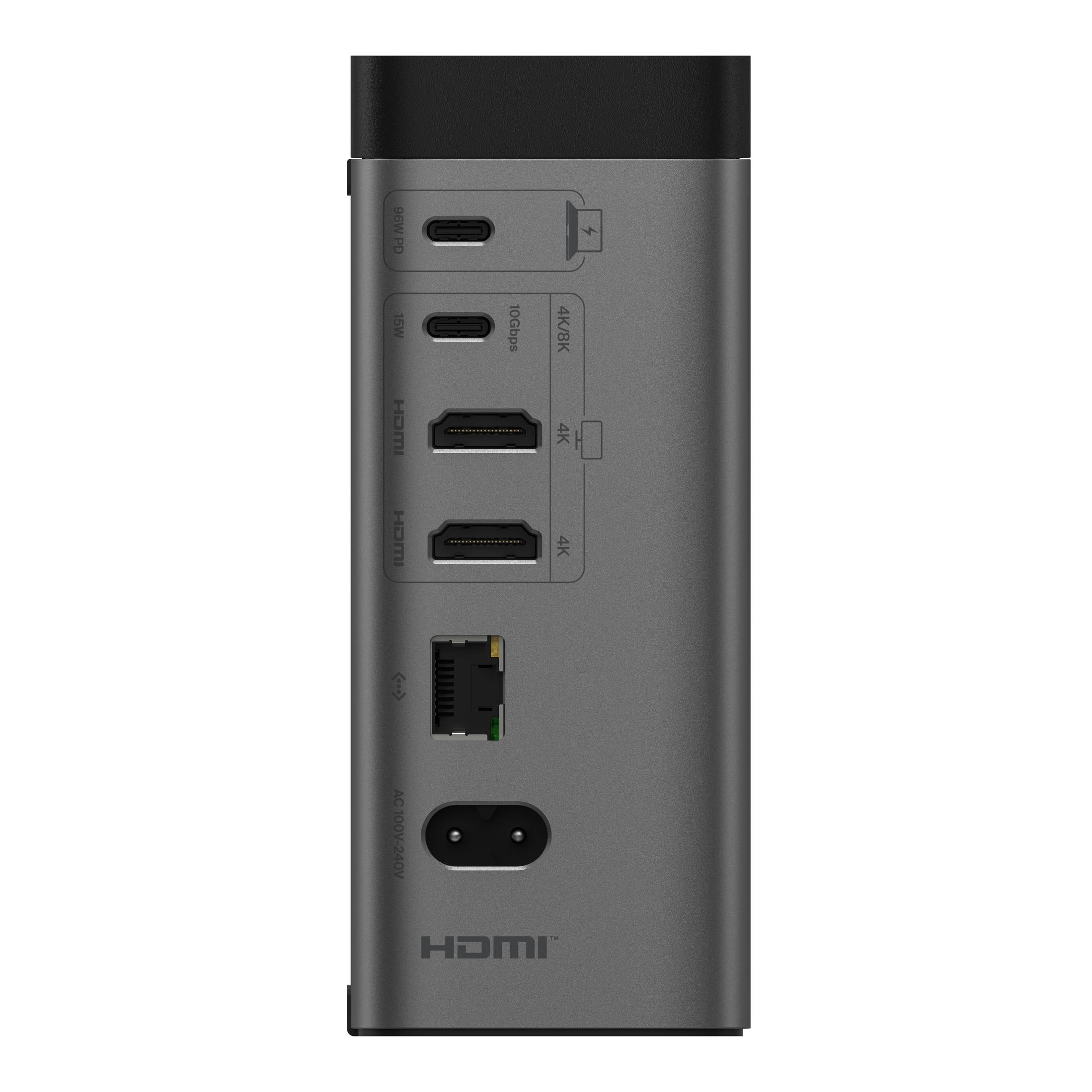 Graue Belkin Thunderbolt 4 Dock mit Anschlüssen wie HDMI, USB, Ethernet und Stromversorgung vor einem weißen Hintergrund.