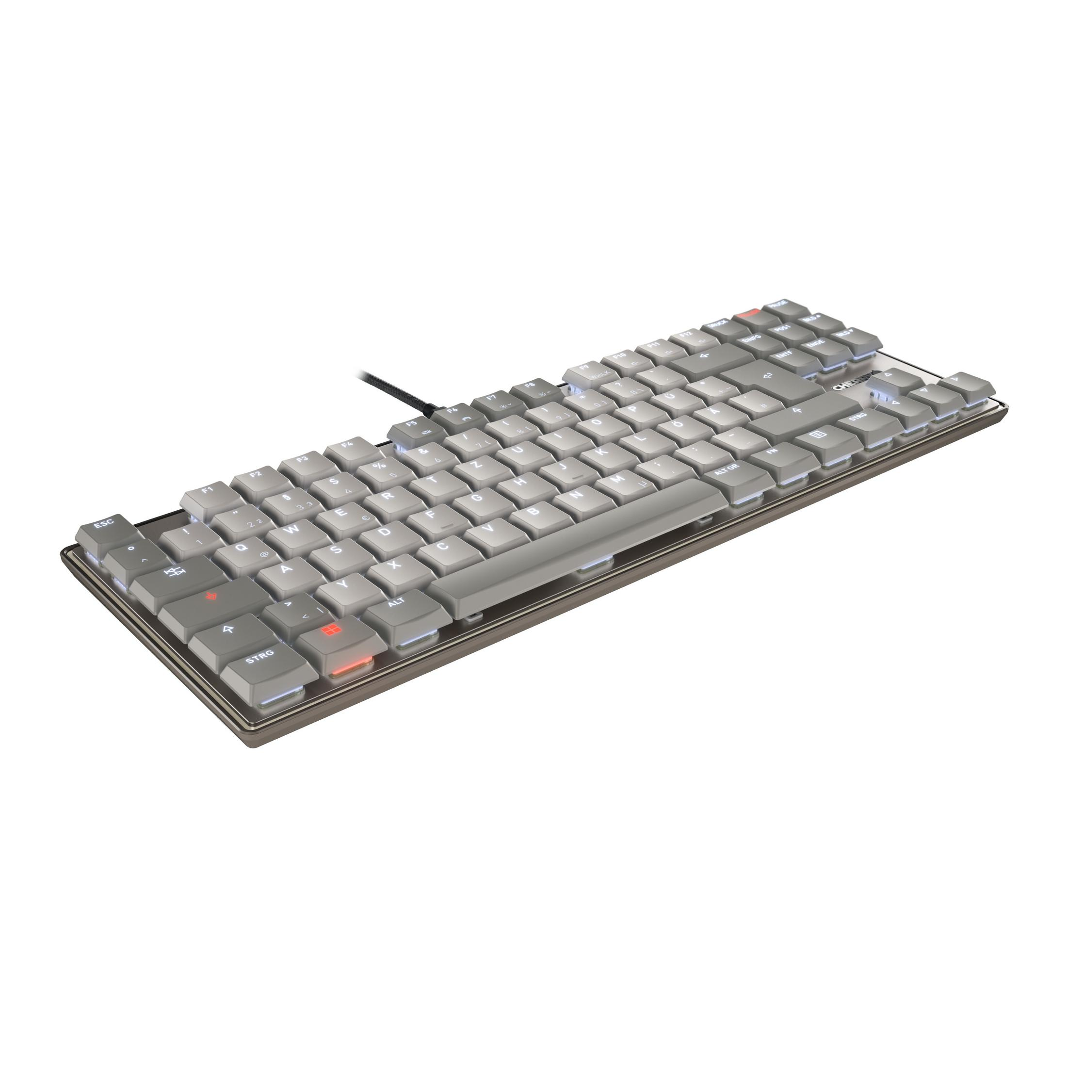 Eine graue Cherry-Tastatur mit grauen Tastenkappen und einem schwarzen Kabel auf weißem Hintergrund, schräge Ansicht.