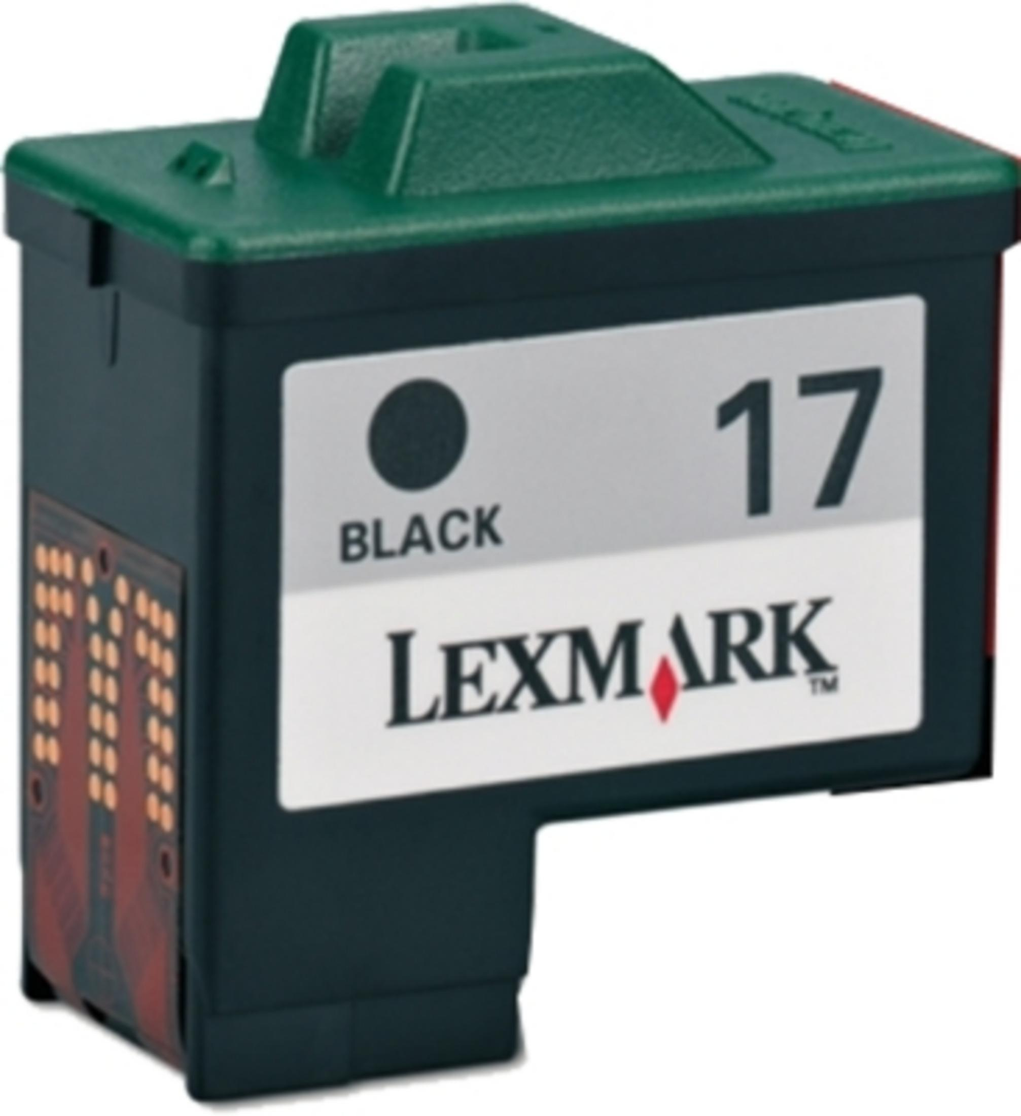 Schwarze Lexmark 17 Tintenpatrone mit grünem Oberteil, die Produktdetails und das Markenlogo zeigt.