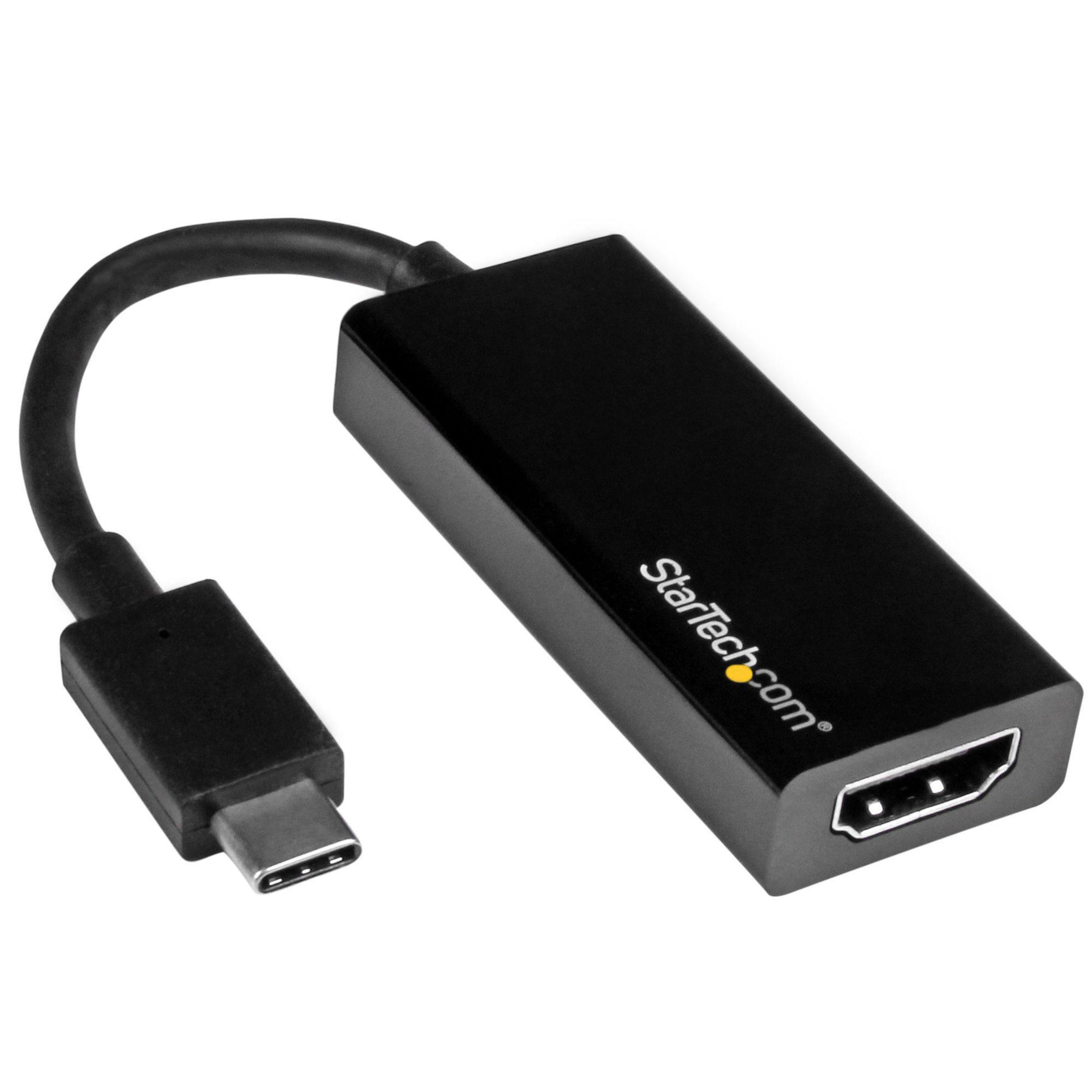 Schwarzer Adapter mit USB-C- und HDMI-Anschlüssen. Der Markenname StarTech.com ist auf den Adapter gedruckt.