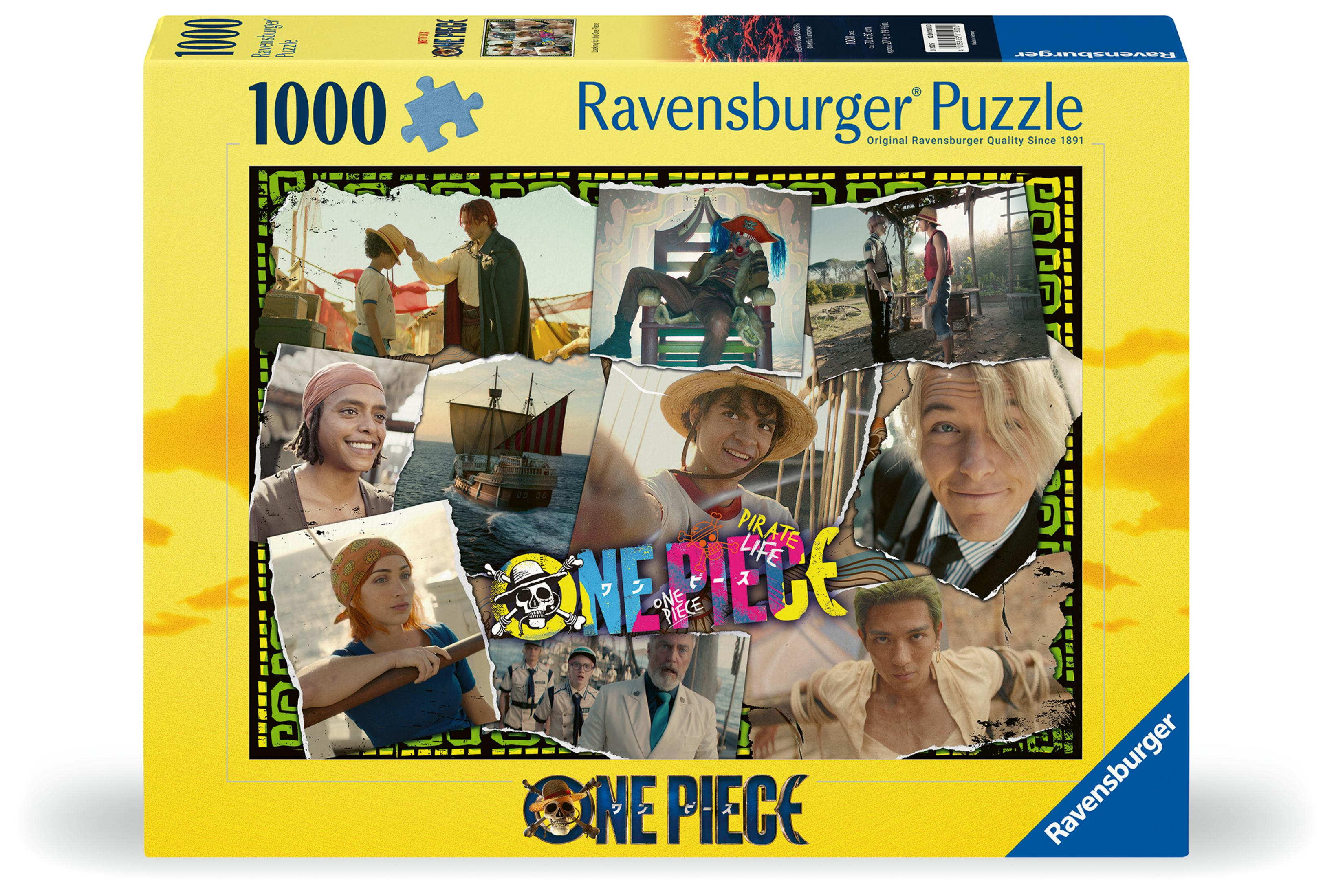 Una scatola di puzzle di One Piece, che mostra personaggi e scene della serie live-action.