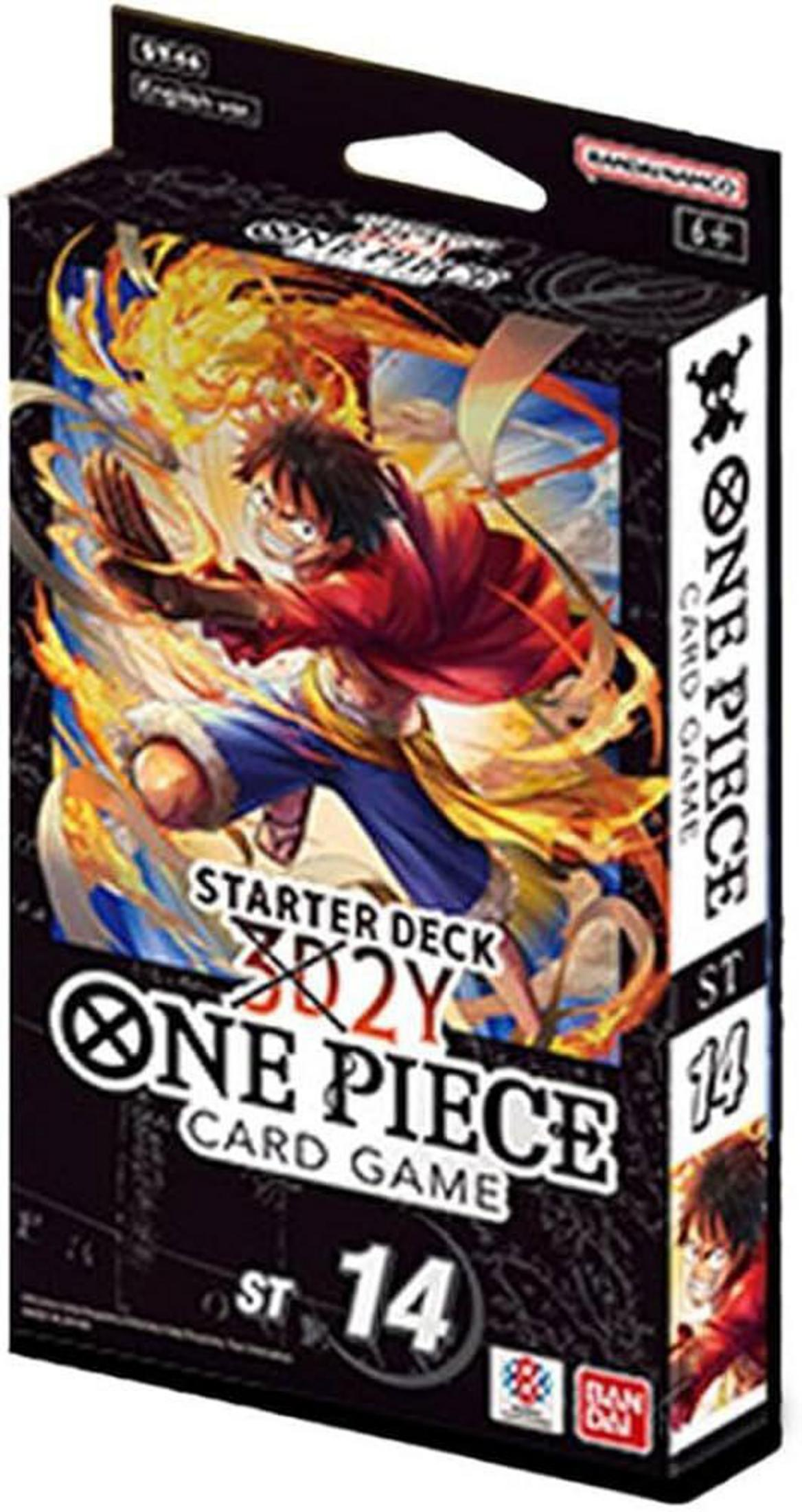 Schachtelkunst für das One Piece-Kartenspiel. Zeigt Luffy in Aktion. Die Box ist schwarz, rot und gelb.