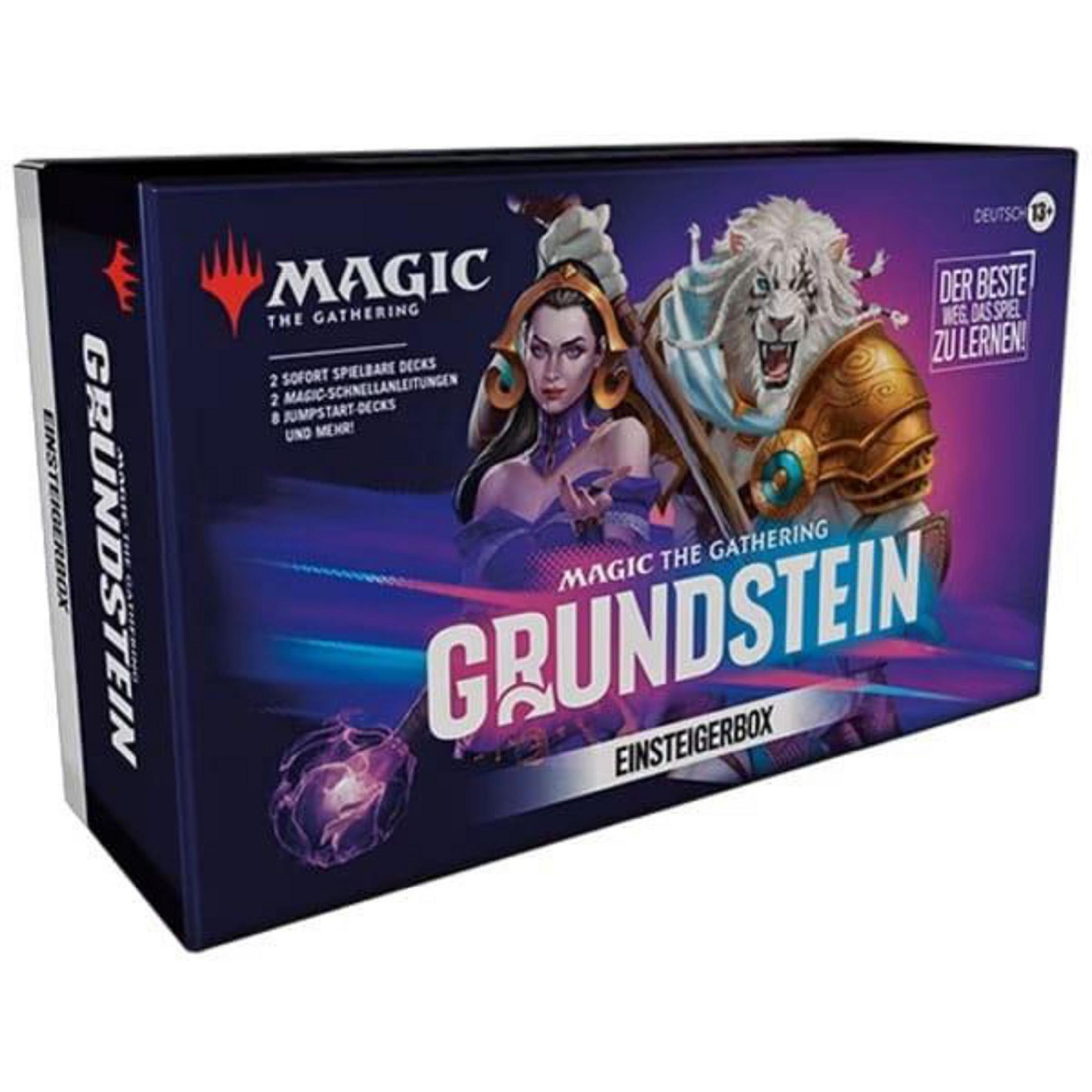 Schachtel von Magic: The Gathering Grundstein, mit Charakteren und deutschem Text, mit blauem Hintergrund.
