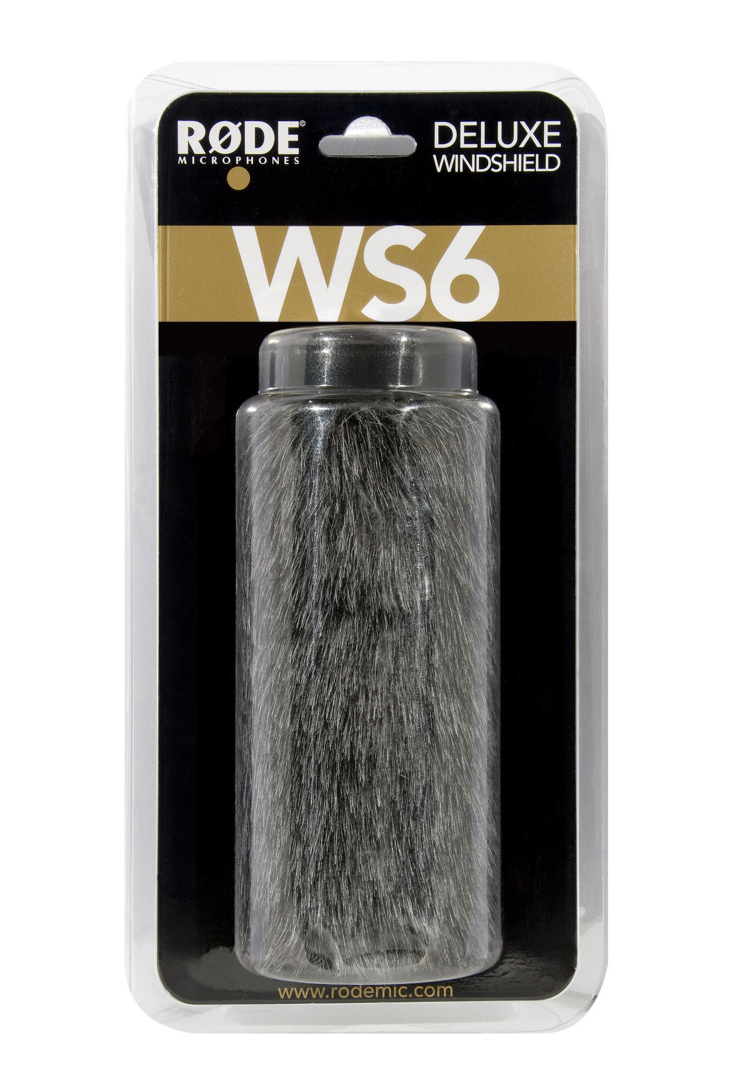 Un paravento per microfono Rode WS6 deluxe in una confezione di plastica trasparente con etichette nere e dorate.