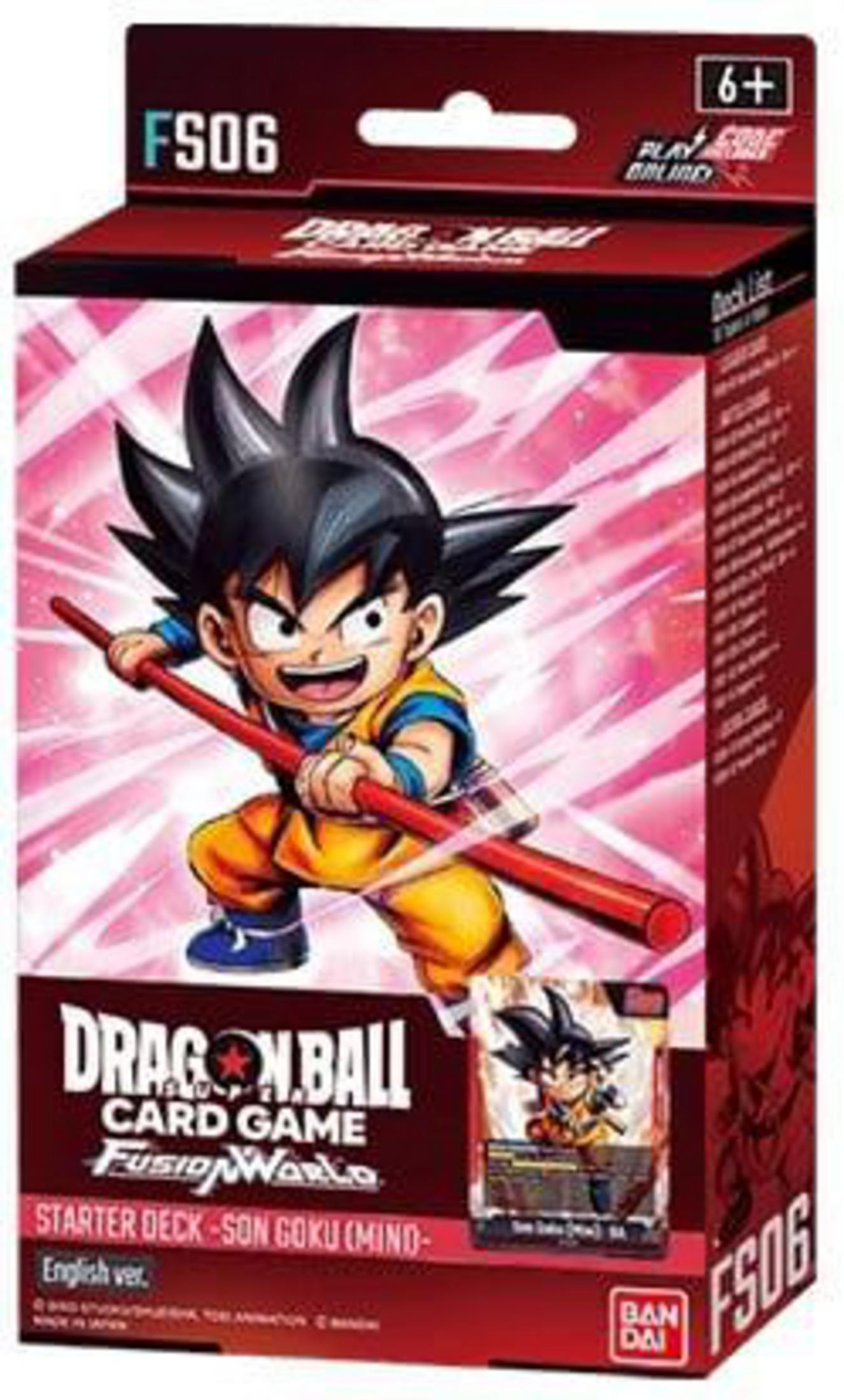 Eine Dragon Ball Kartenspielbox zeigt Son Goku mit einem Stab auf einem roten und pinken Hintergrund.