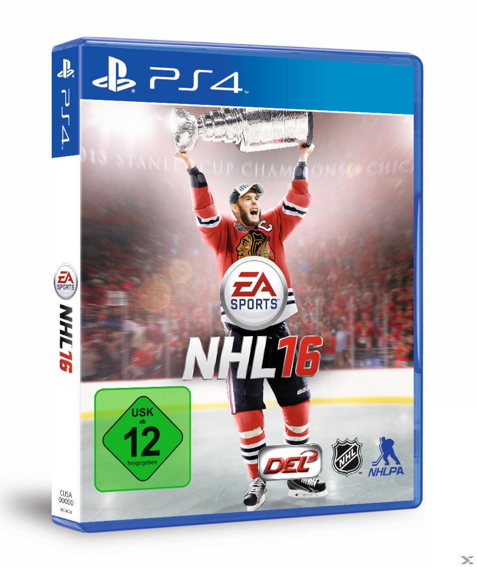 PS4-Spielhülle für NHL 16, die einen Hockeyspieler zeigt, der den Stanley Cup hochhält.