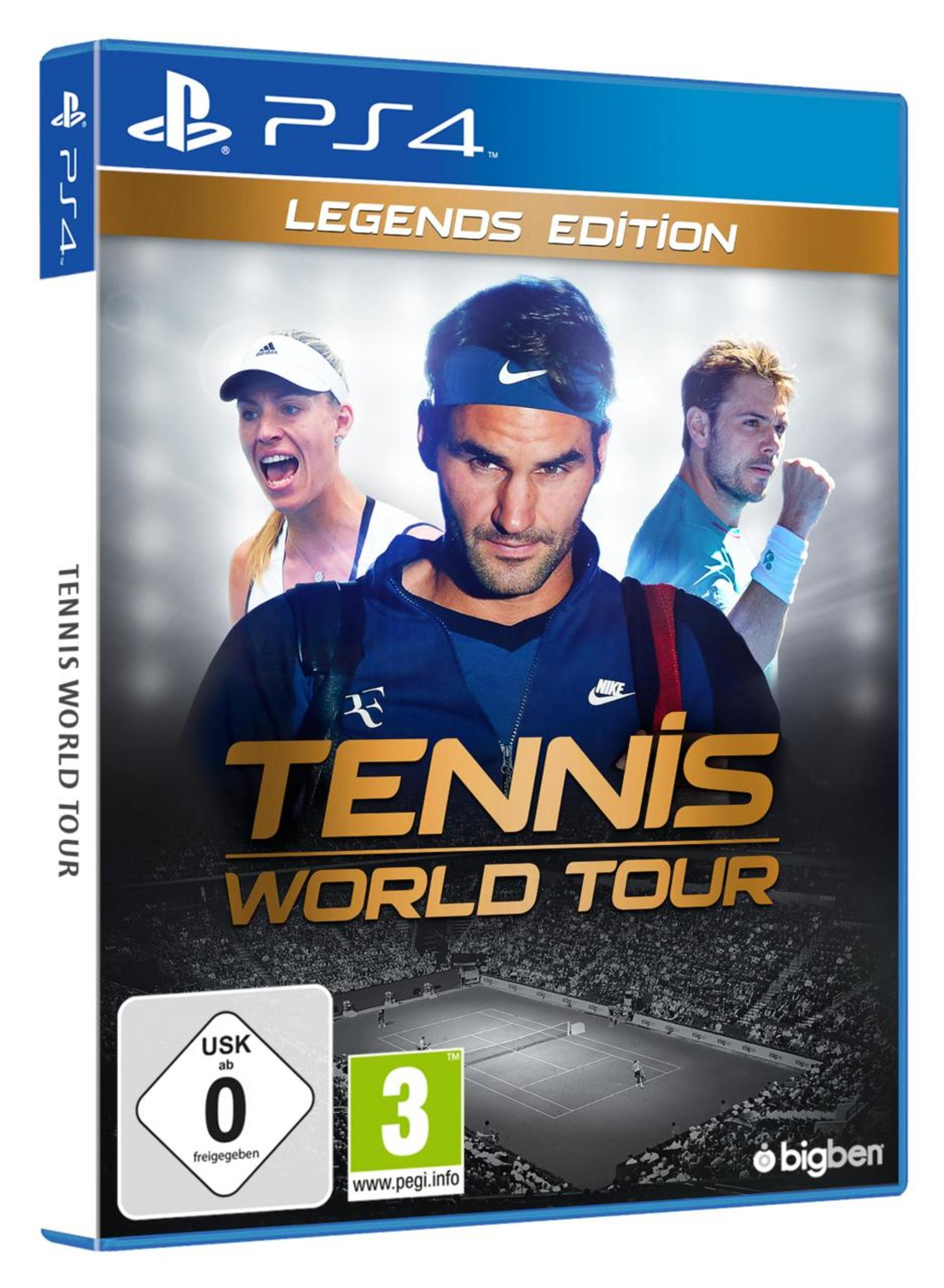 Tennis World Tour Legends Edition PS4-Spielcover mit den Tennisspielern Federer, Kerber und Thiem.
