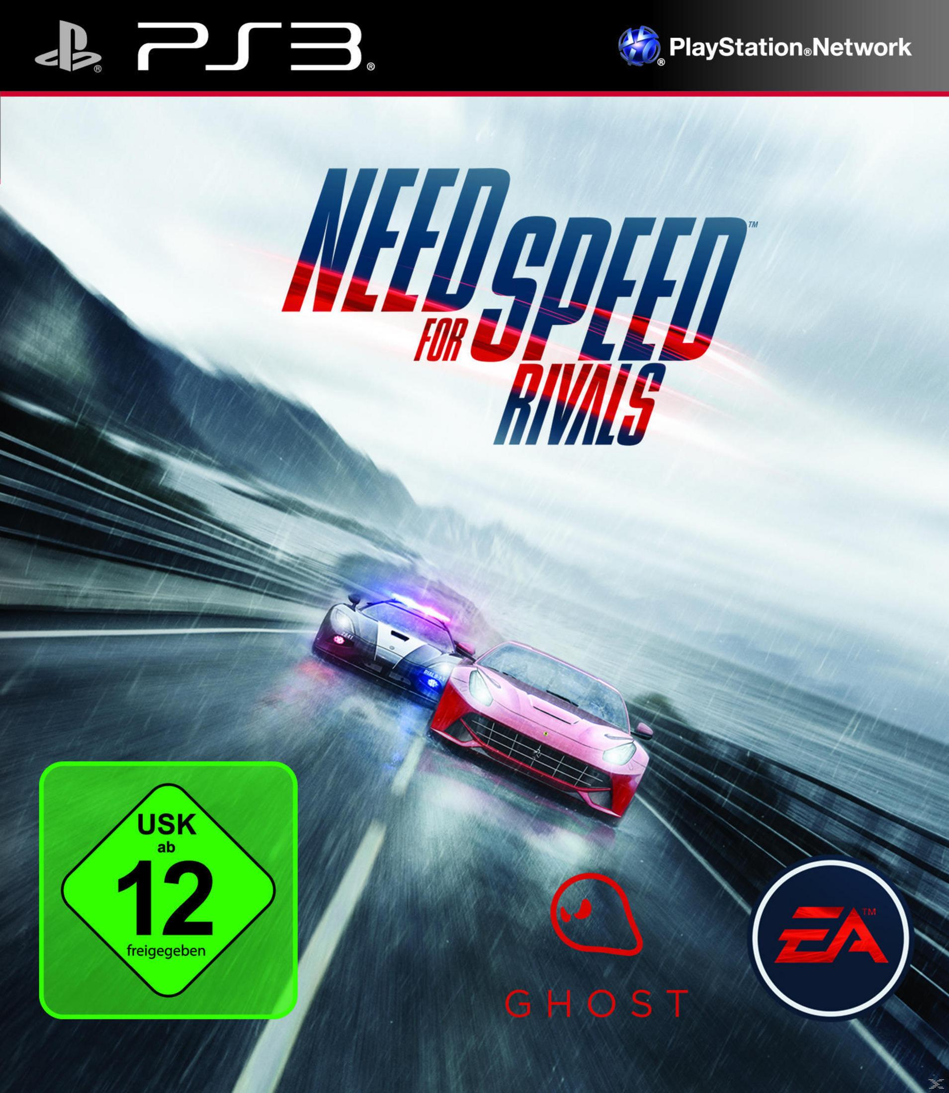 Videospiel-Cover 'Need for Speed Rivals' mit zwei Autos im Regenrennen.