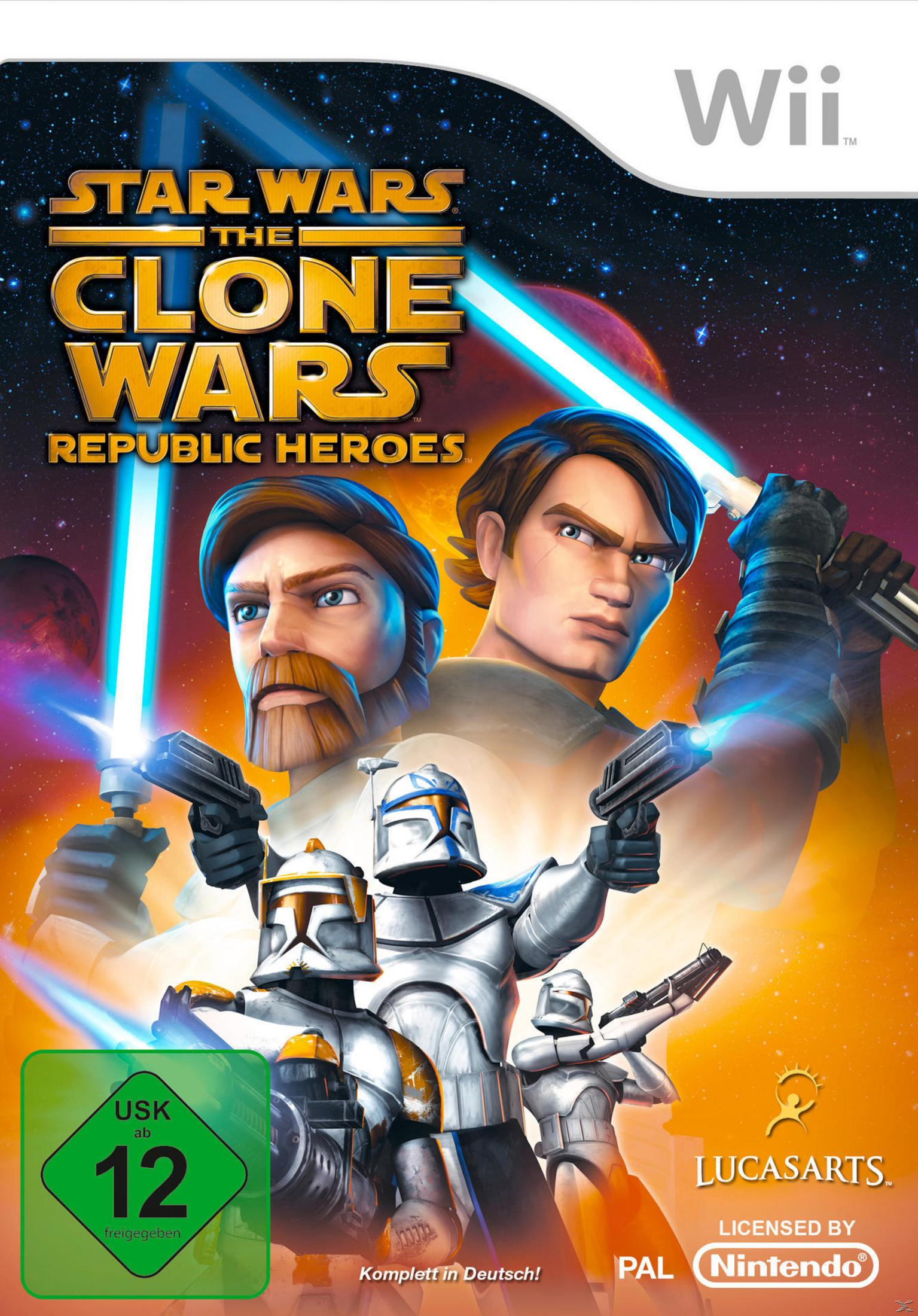 Star Wars: The Clone Wars Spielcover. Anakin und Obi-Wan blicken nach vorne mit Klonkriegern in einer Weltraumszene.