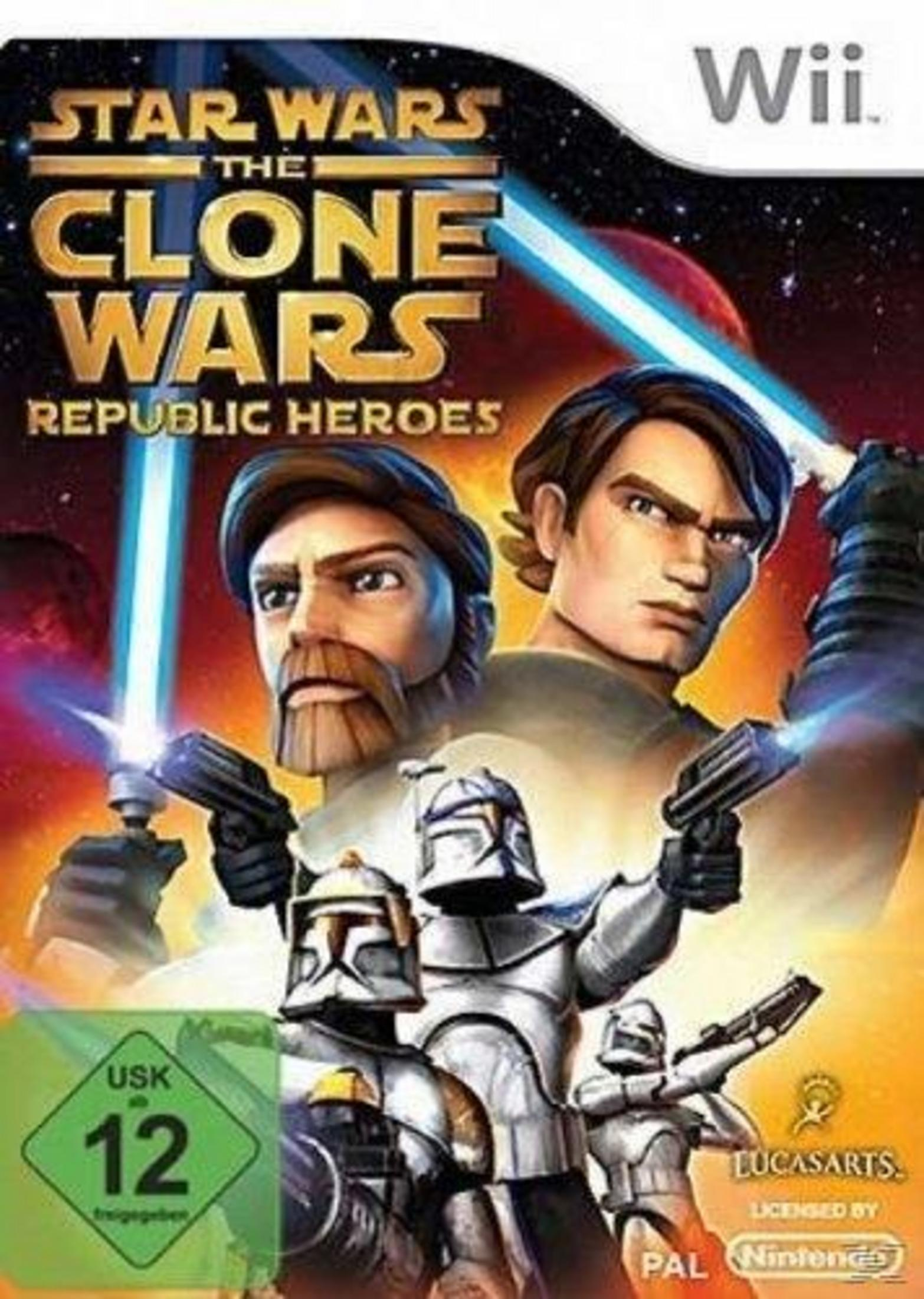 Star Wars: The Clone Wars Spielcover. Anakin und Obi-Wan blicken nach vorne mit Klonkriegern in einer Weltraumszene.
