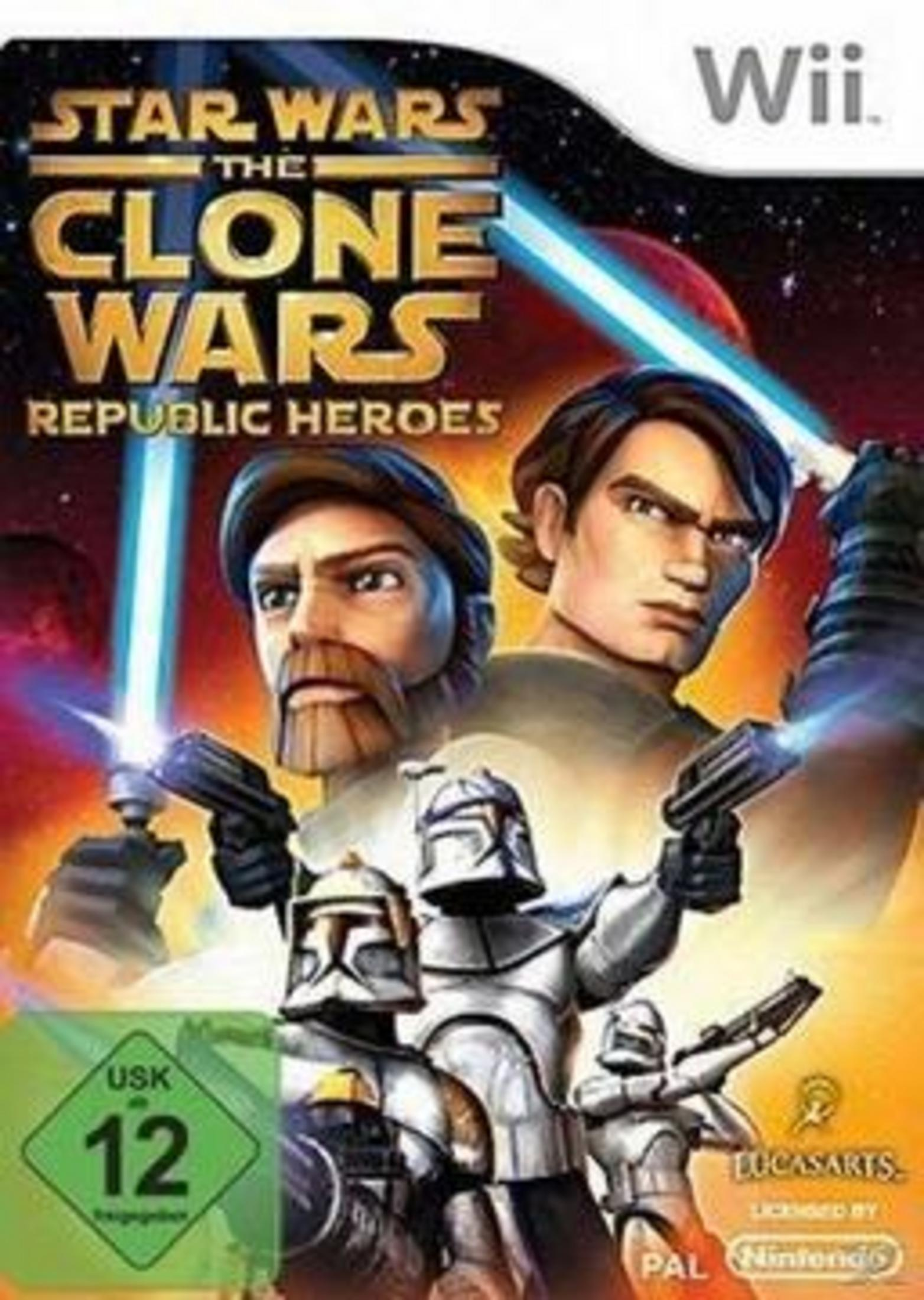 Star Wars: The Clone Wars Spielcover. Anakin und Obi-Wan blicken nach vorne mit Klonkriegern in einer Weltraumszene.