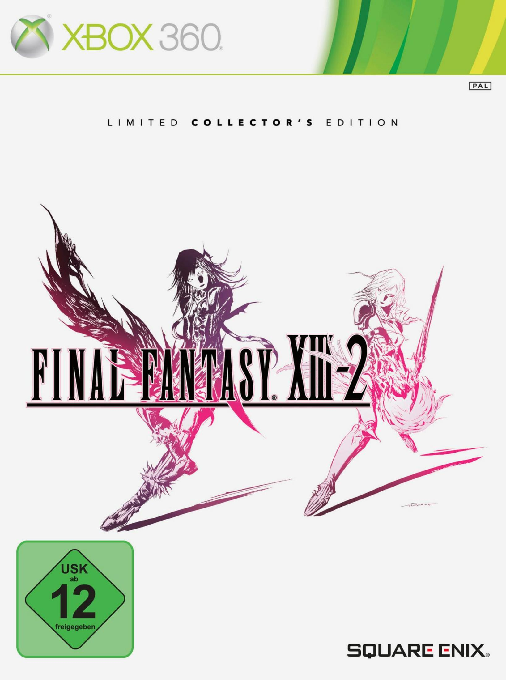 Final Fantasy XIII-2 Spielcover. Zwei weibliche Charaktere in Actionposen vor weißem Hintergrund.