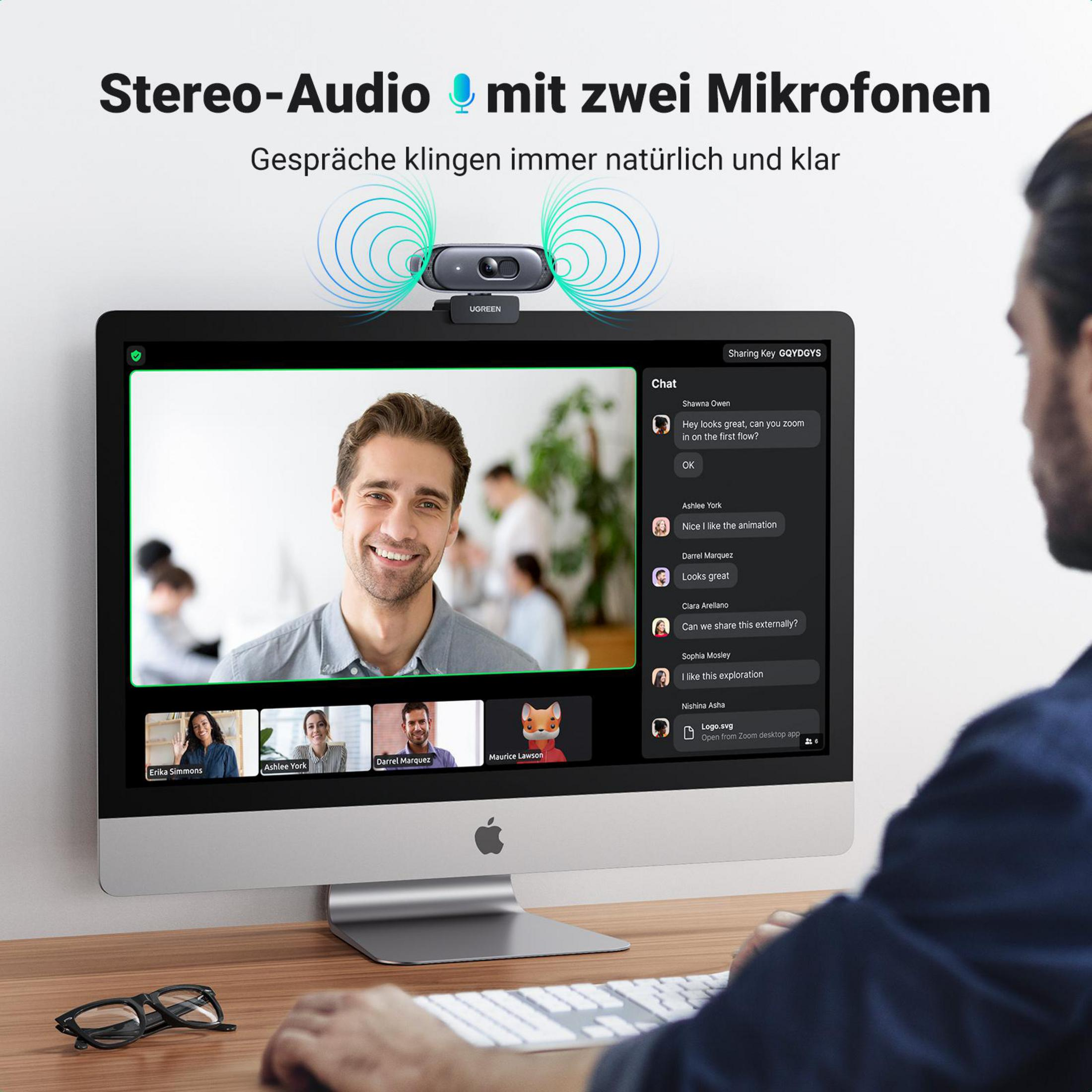 Mężczyzna rozmawia z innymi na wideokonferencji. Kamera internetowa UGREEN na monitorze.