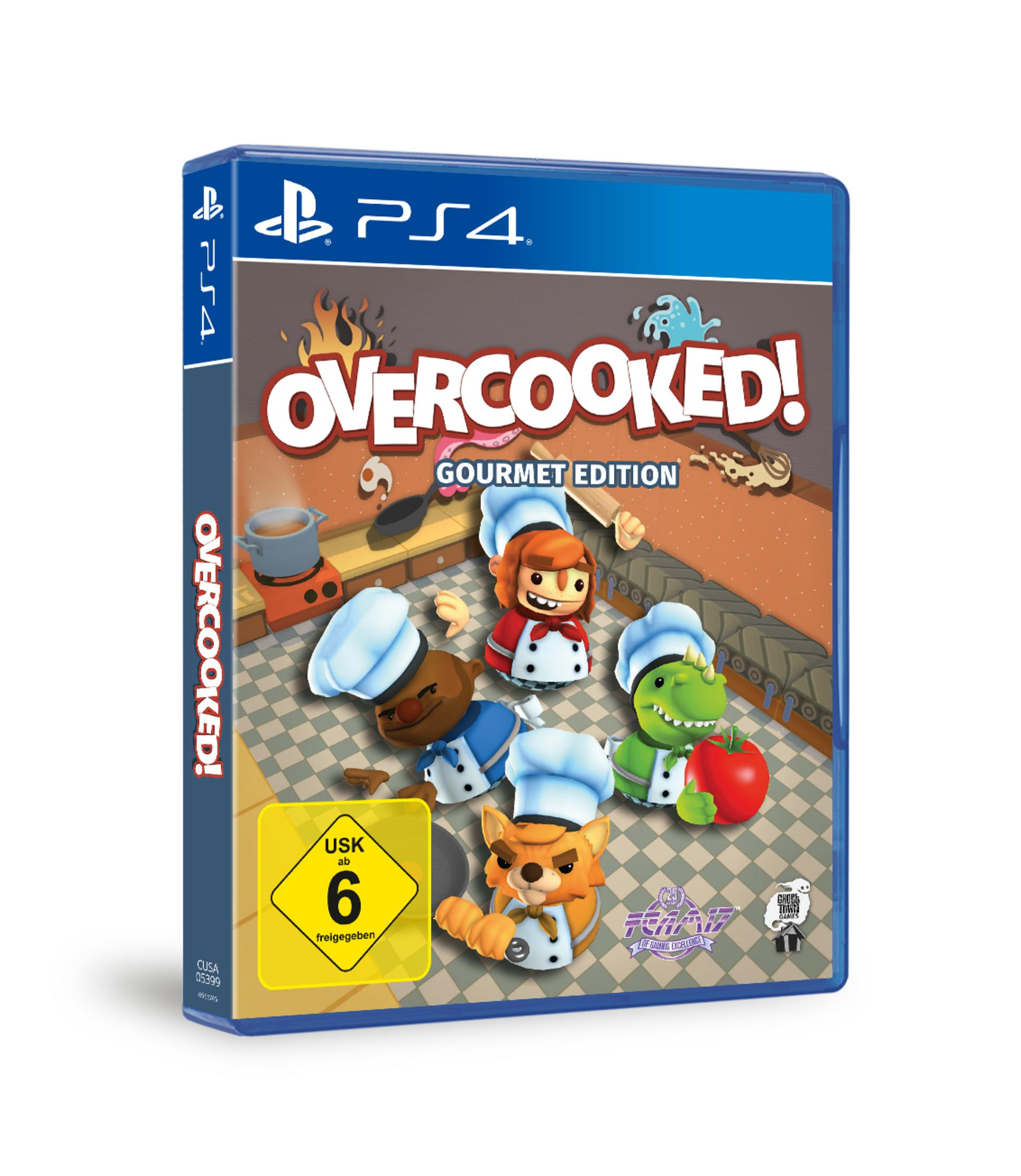 Overcooked! Gourmet Edition Spielbox. Köche kochen in einer Küchenszene mit Flammen und Essen.