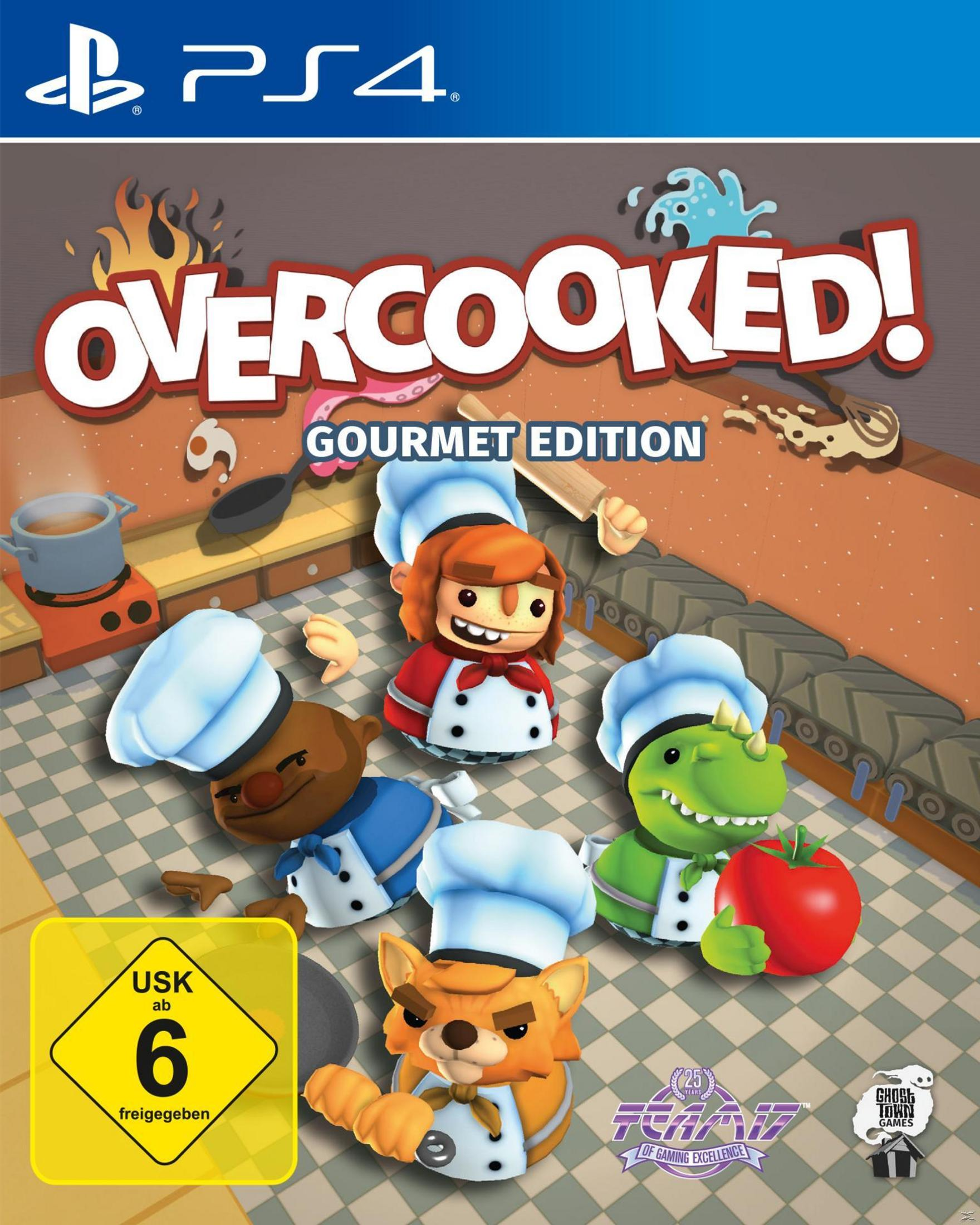Overcooked! Gourmet Edition Spielcover. Köche kochen in einer Küche mit cartoonartigen Elementen.