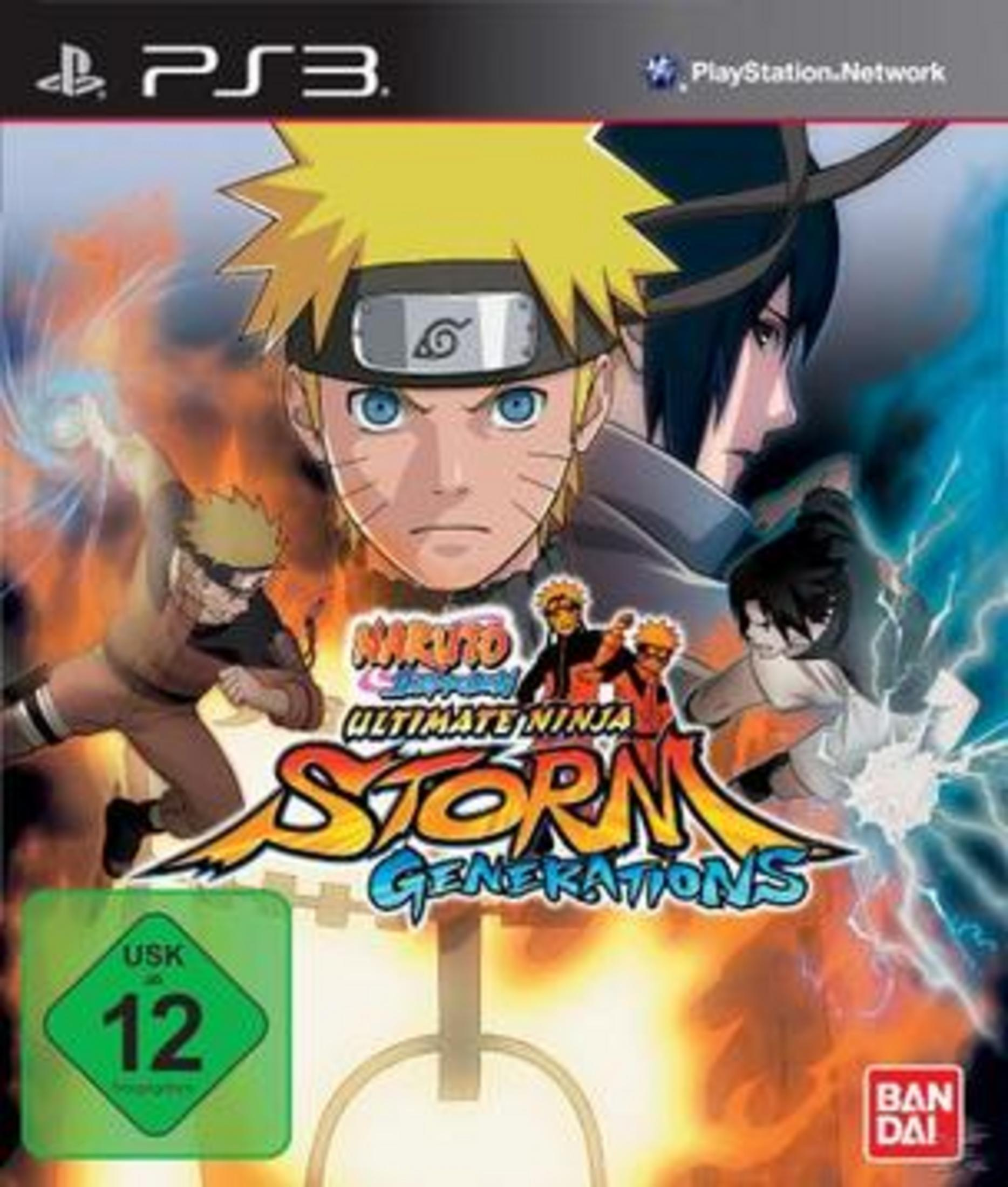 Naruto Ultimate Ninja Storm Generations Spielcover mit Charakteren und blauem Hintergrund.