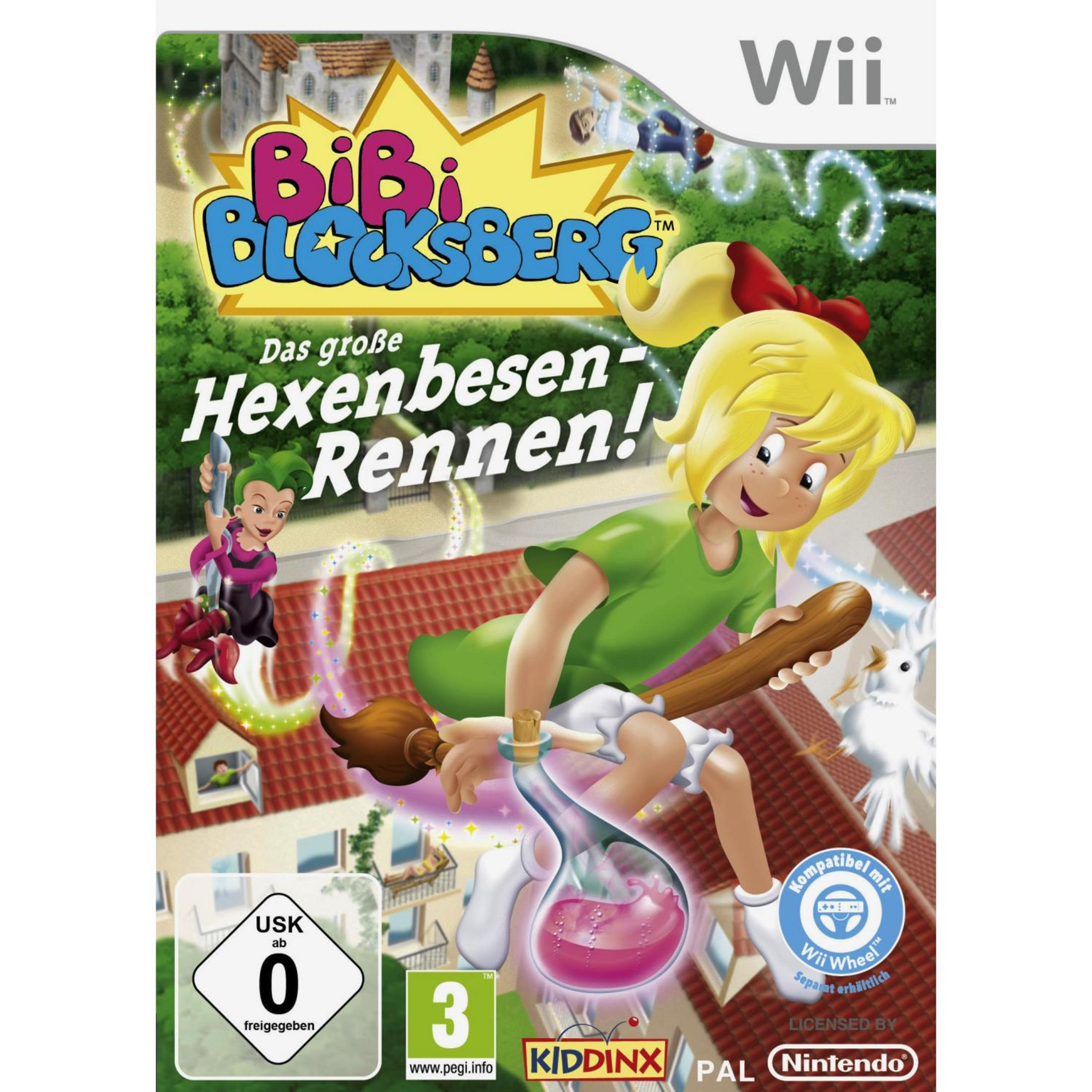 Das Spielcover für "Bibi Blocksberg" zeigt ein Mädchen auf einem Besen über einer Stadt, mit einer Hexe.
