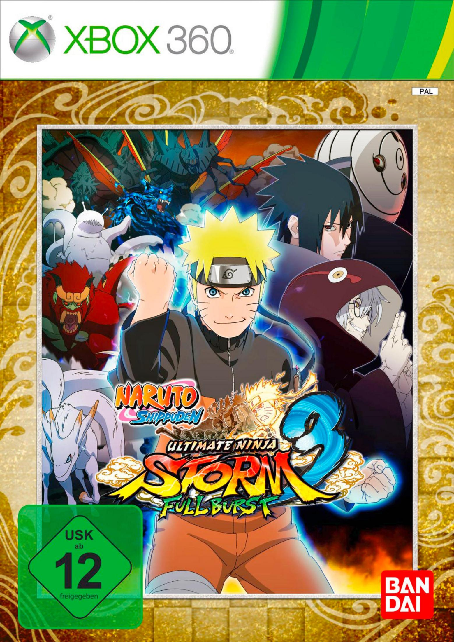 Naruto Shippuden: Ultimate Ninja Storm 3 Full Burst-Spiel-Box-Art. Zeigt Naruto und andere.