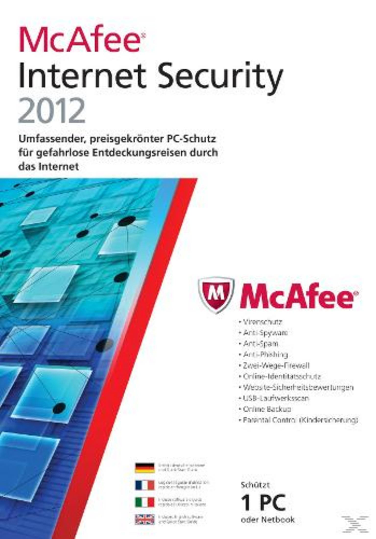 McAfee Internet Security 2012 Box. Es hat einen blauen Hintergrund mit einem roten Streifen und dem McAfee-Logo.