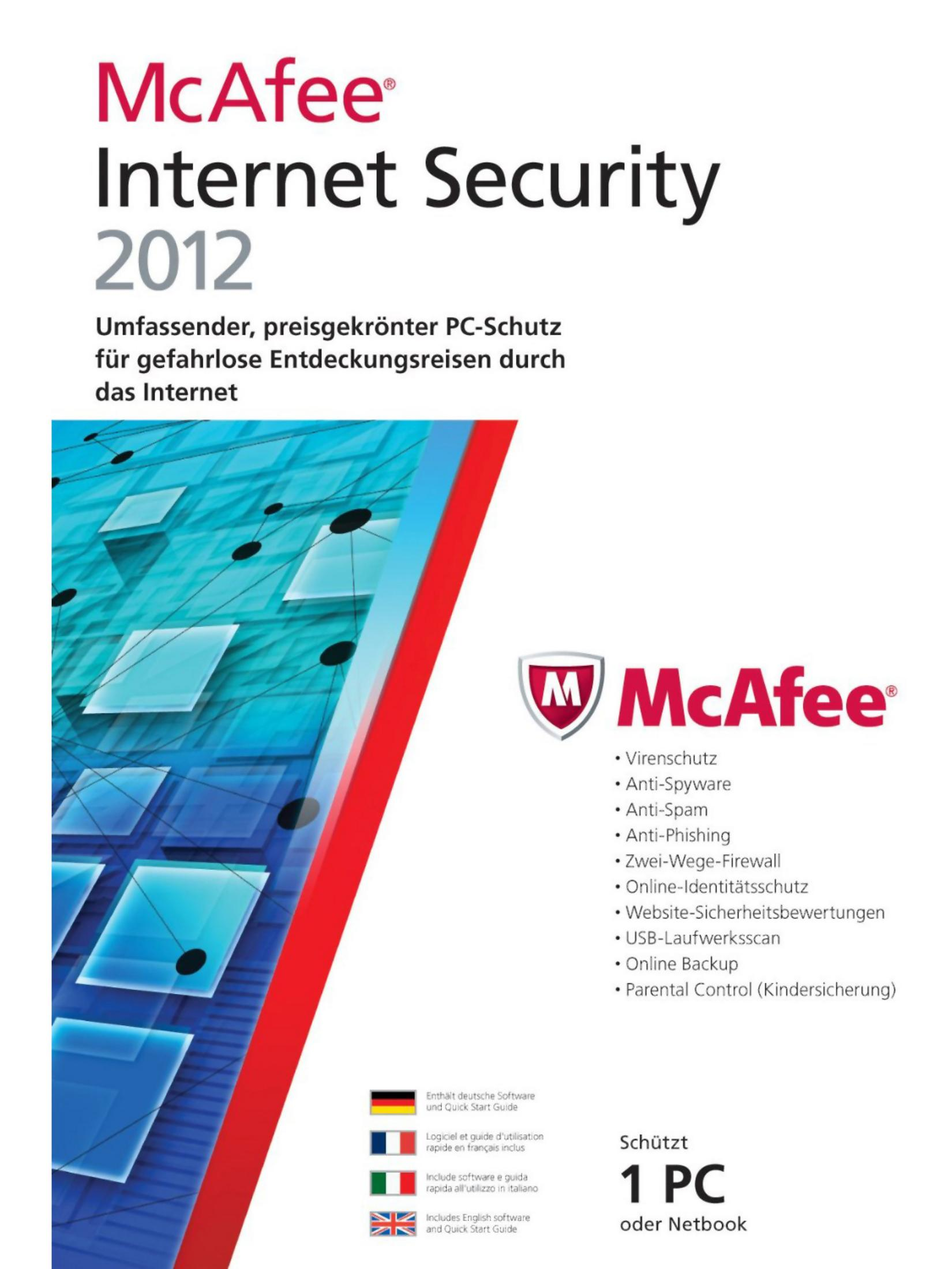 McAfee Internet Security 2012 Box. Es hat einen blauen Hintergrund mit einem roten Streifen und dem McAfee-Logo.