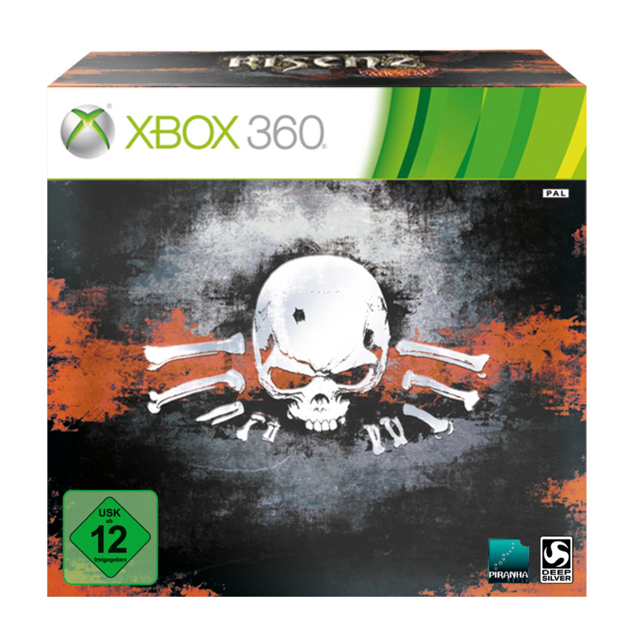 Xbox 360-Spielcover mit einem Totenkopf und Knochen auf grauem und orangefarbenem Hintergrund. Die USK-Einstufung ist 12.