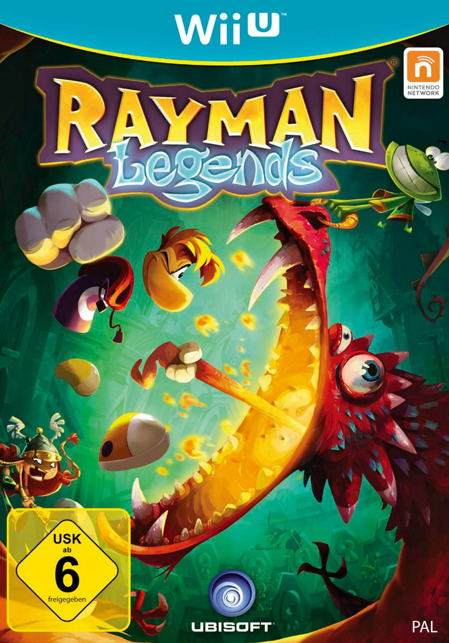 Wii U-Spielcover für Rayman Legends. Es zeigt einen Drachen, einen grünen Frosch und Rayman-Charaktere.