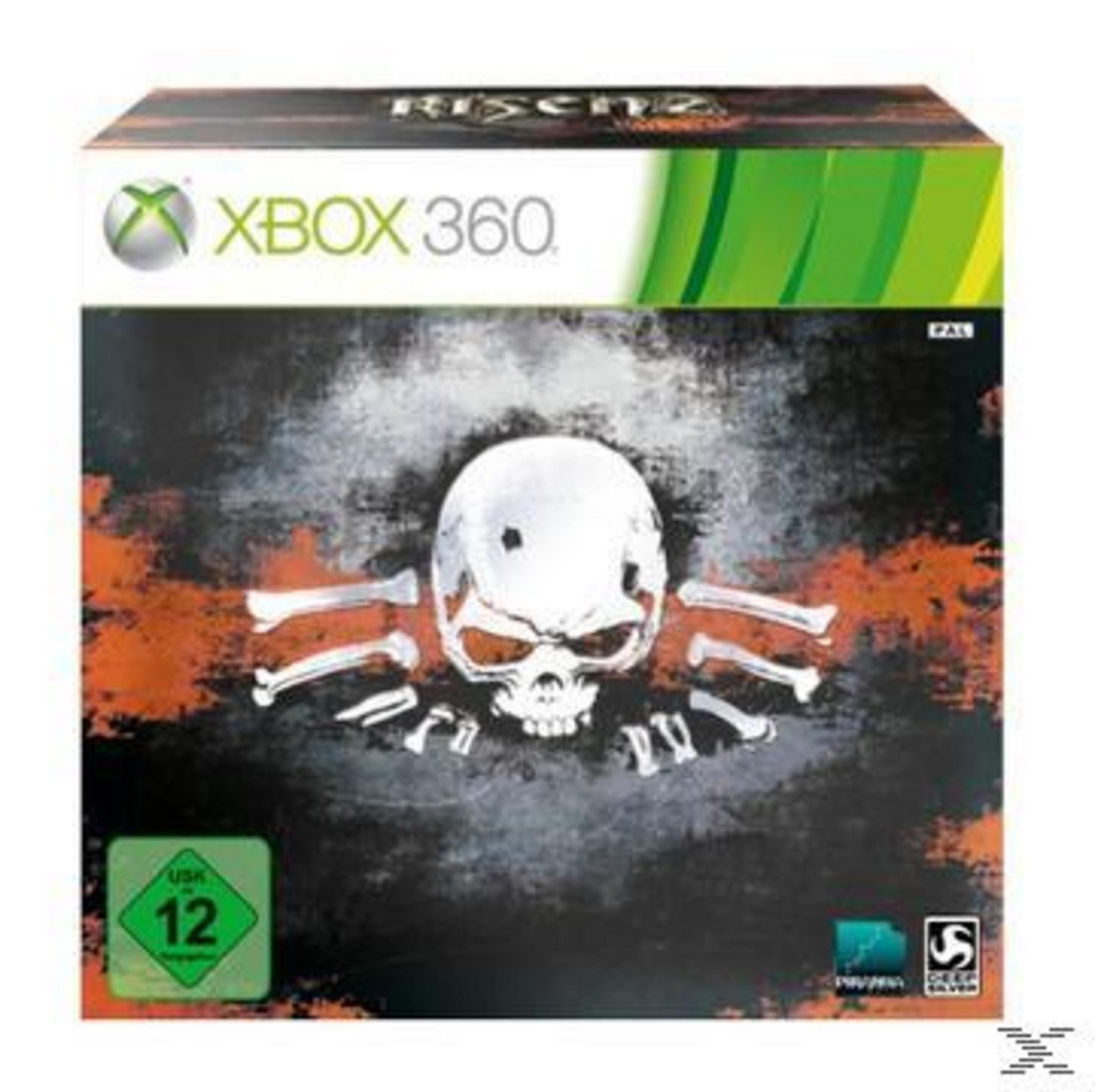 Xbox 360-Spielcover mit einem Totenkopf und Knochen auf grauem und orangefarbenem Hintergrund. Die USK-Einstufung ist 12.