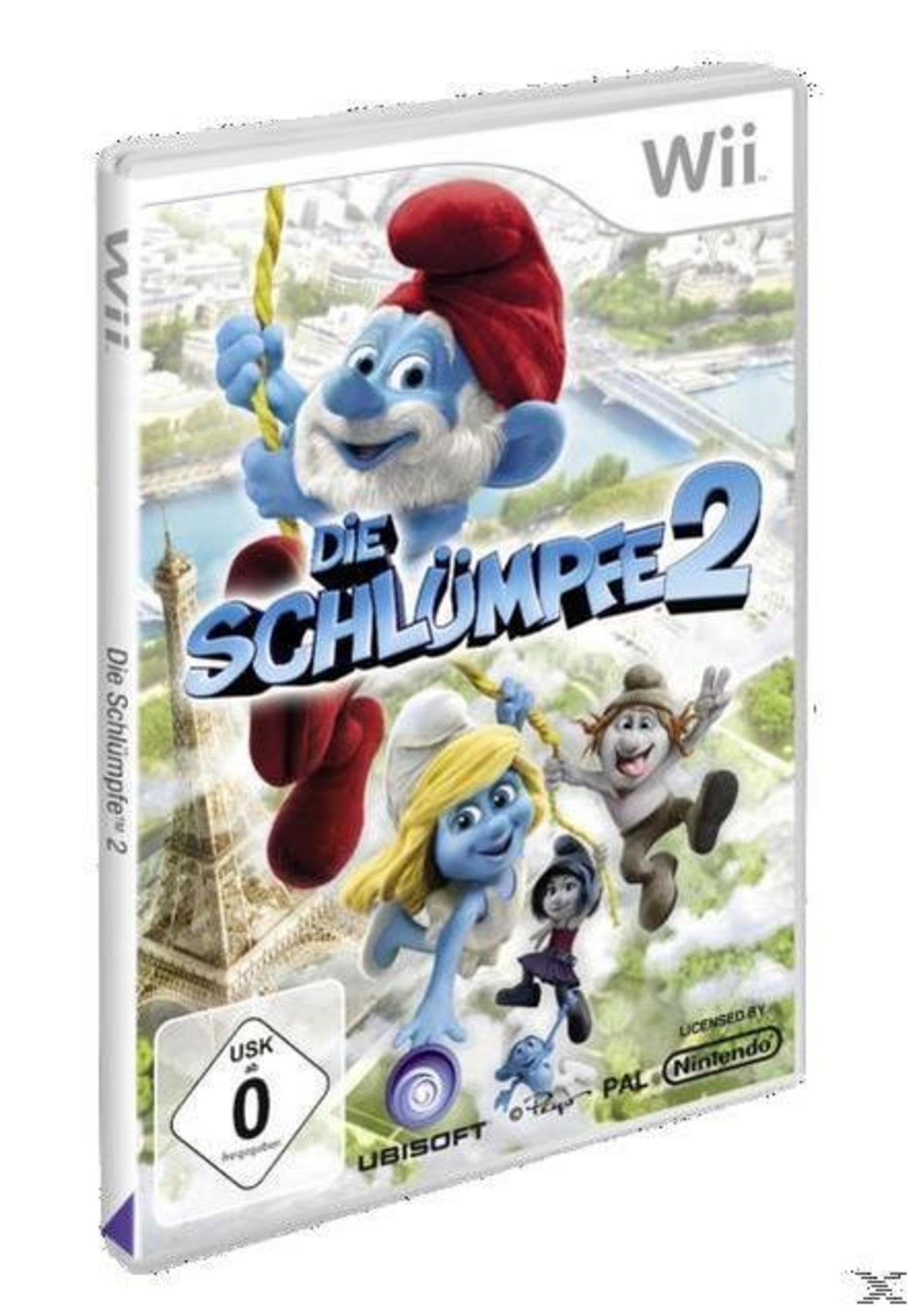 Wii-Spiel 'Die Schlümpfe 2' Cover mit Schlümpfen, die über Paris hängen.