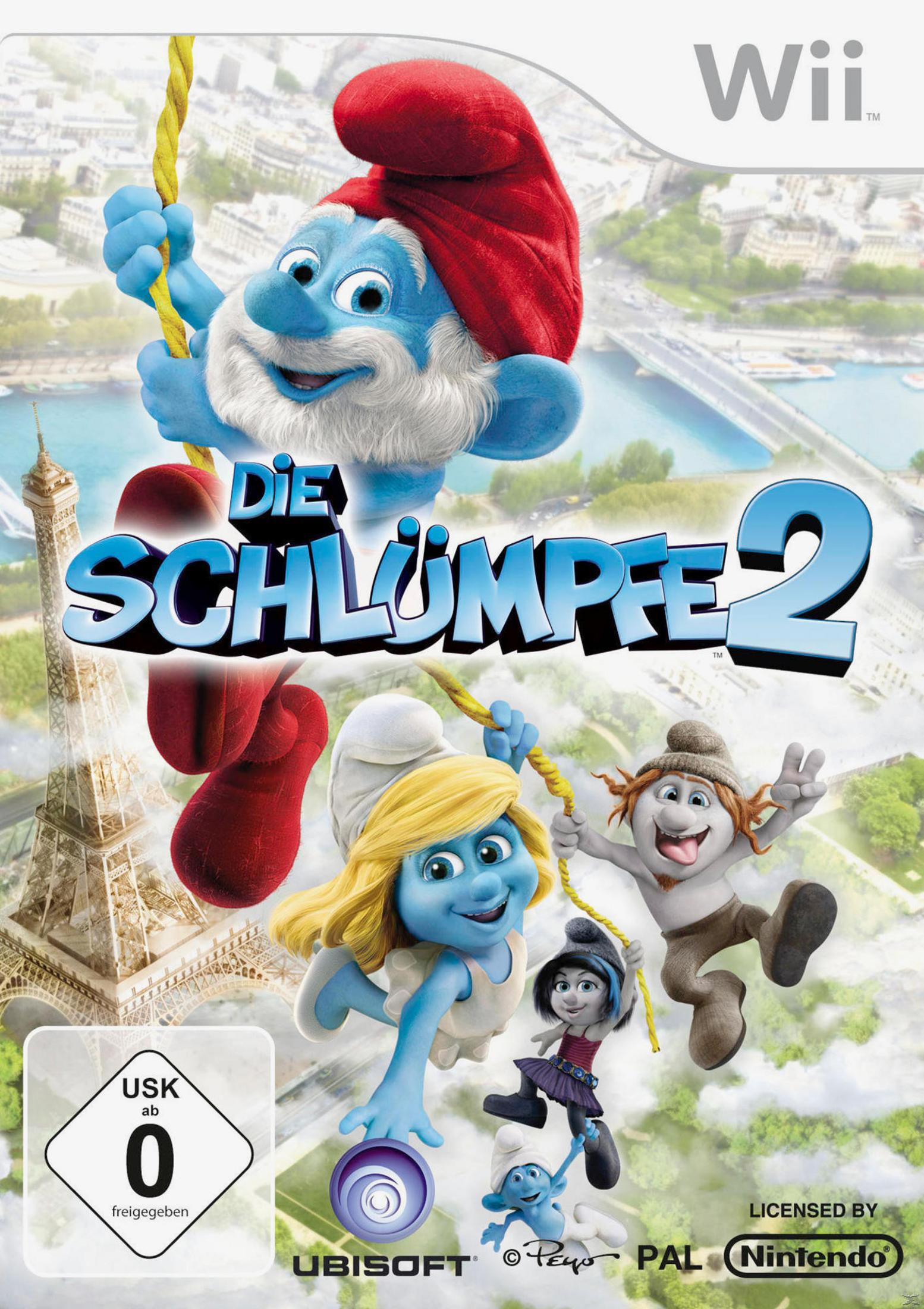 Das Spielcover von Die Schlümpfe 2 zeigt Schlümpfe vor blauem Himmel, mit dem Eiffelturm.