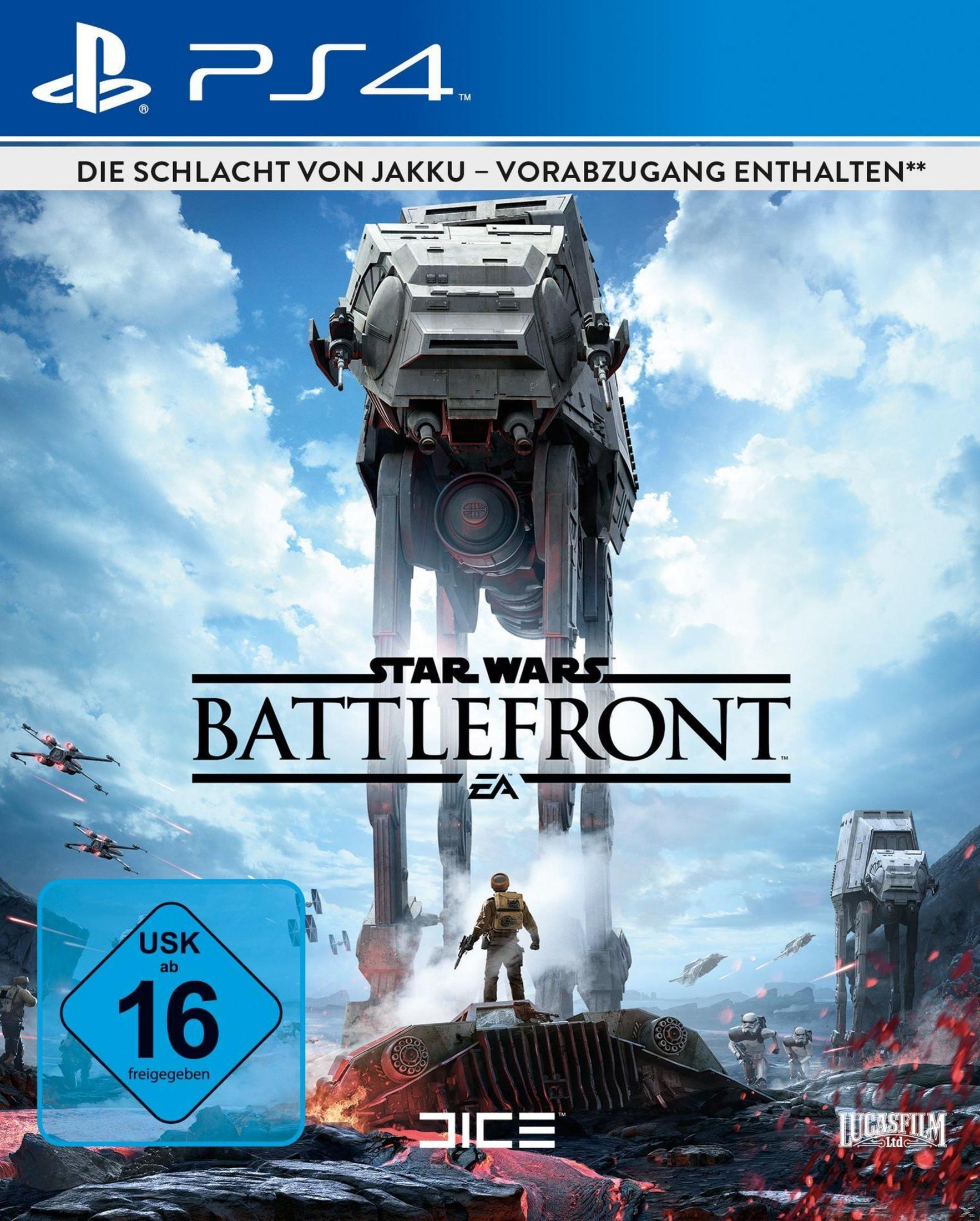 Star Wars Battlefront Spielcover, PS4. AT-ATs, ein Soldat und Schiffe im Hintergrund.