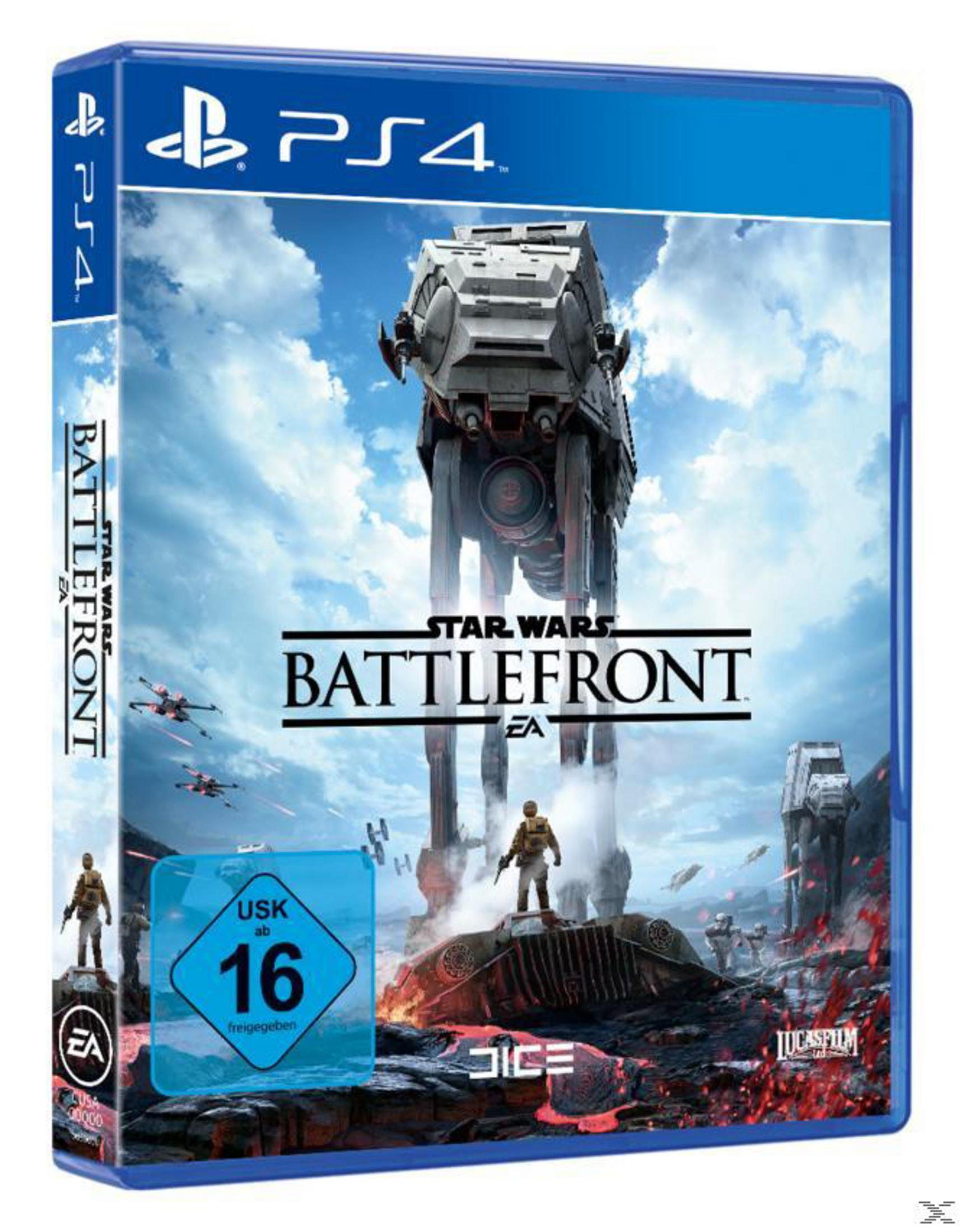 Star Wars Battlefront Spielcover auf PS4. AT-ATs, ein Soldat und weitere Elemente werden angezeigt.
