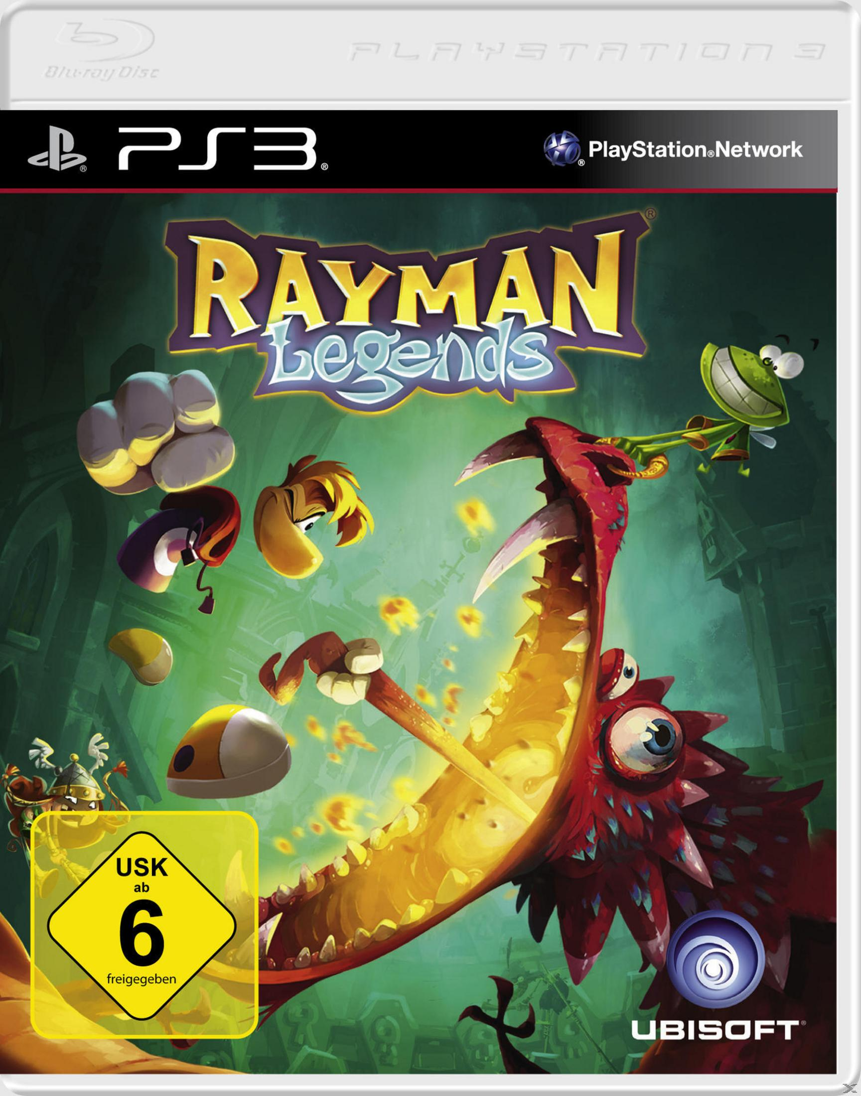 Das Cover des PS3-Spiels Rayman Legends zeigt Rayman und einen Drachen mit einer froschähnlichen Kreatur.