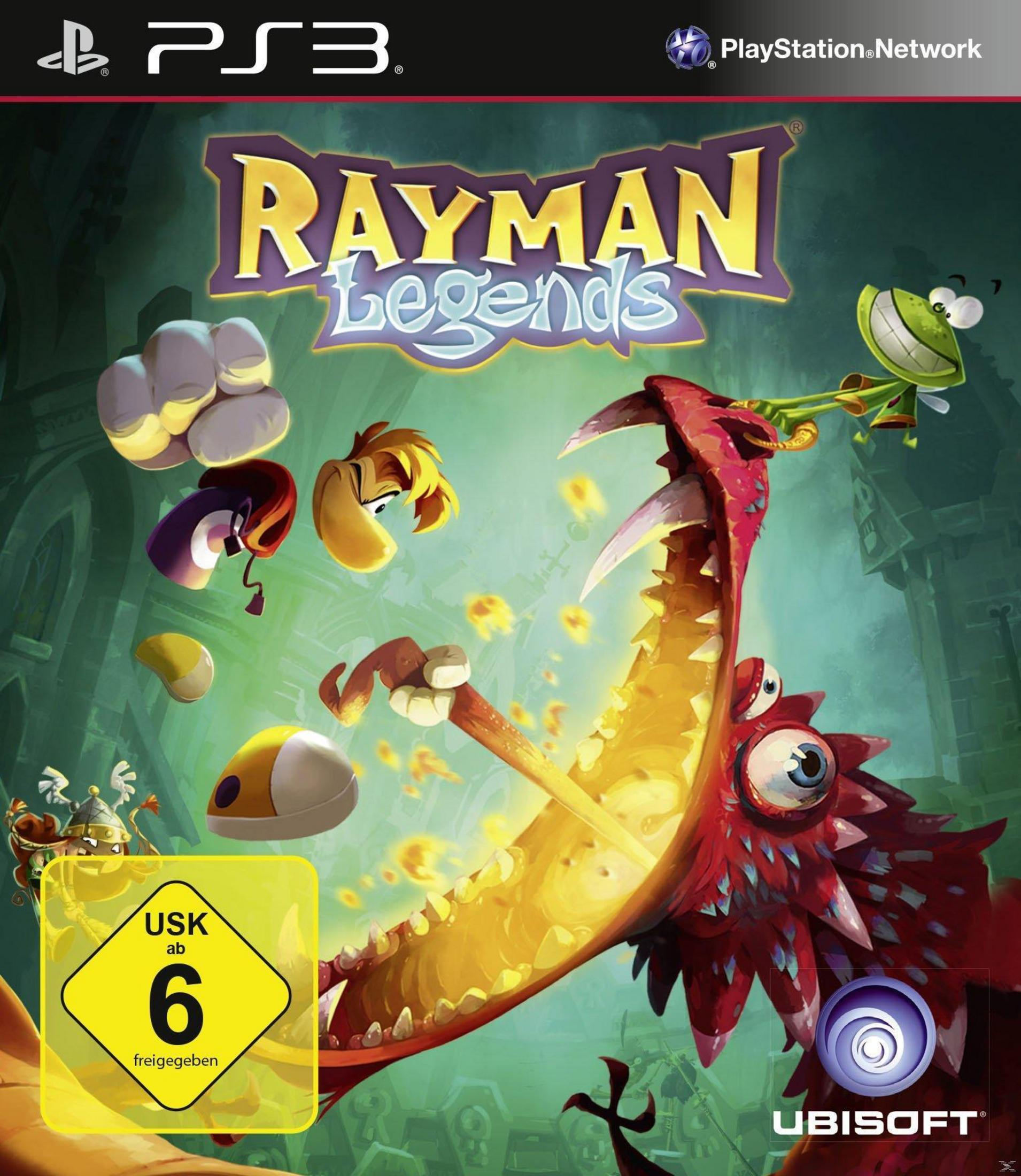 Das Cover des PS3-Spiels Rayman Legends zeigt Rayman und einen Drachen mit einer froschähnlichen Kreatur.