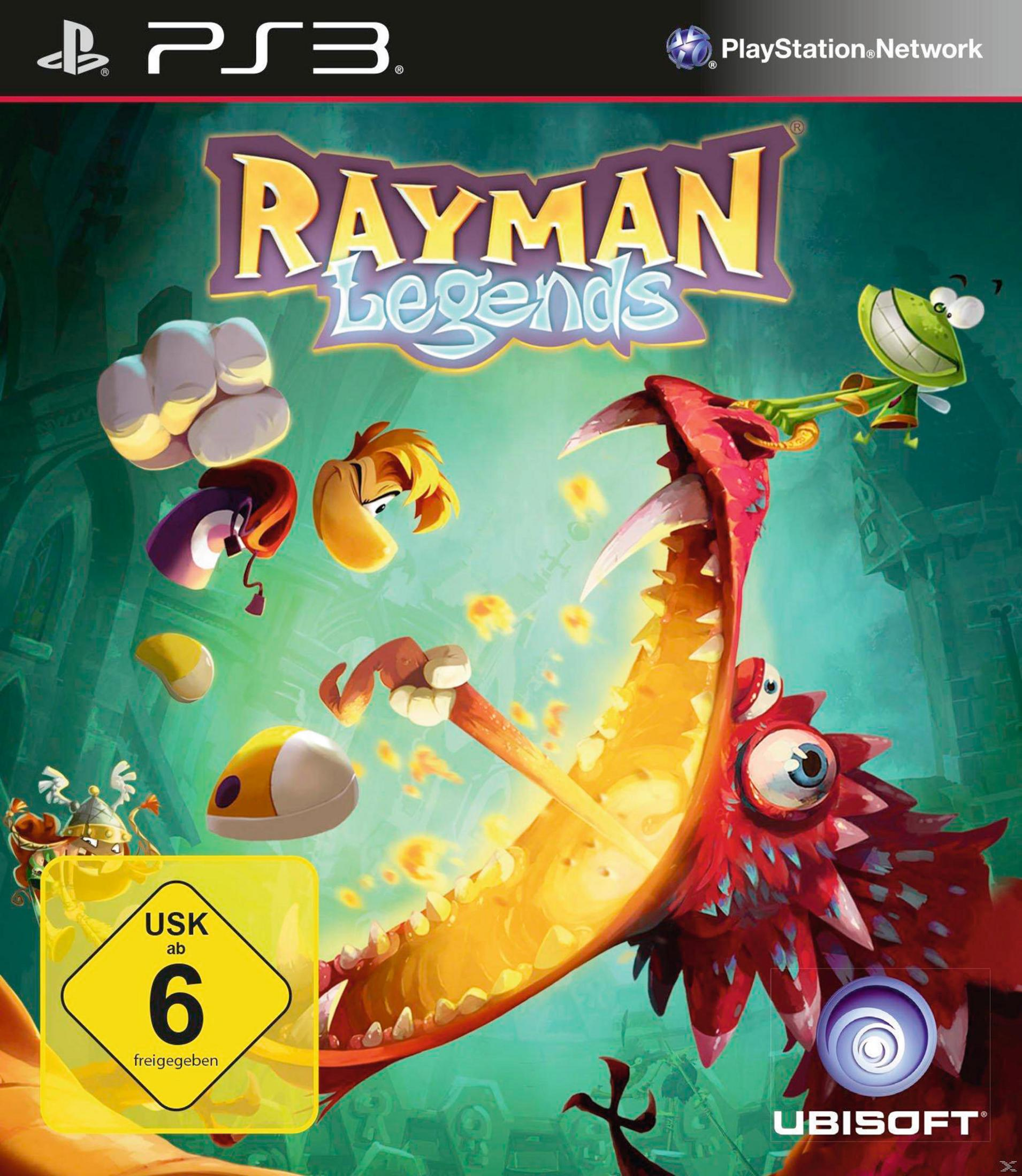 Das Cover des PS3-Spiels Rayman Legends zeigt Rayman und einen Drachen mit einer froschähnlichen Kreatur.
