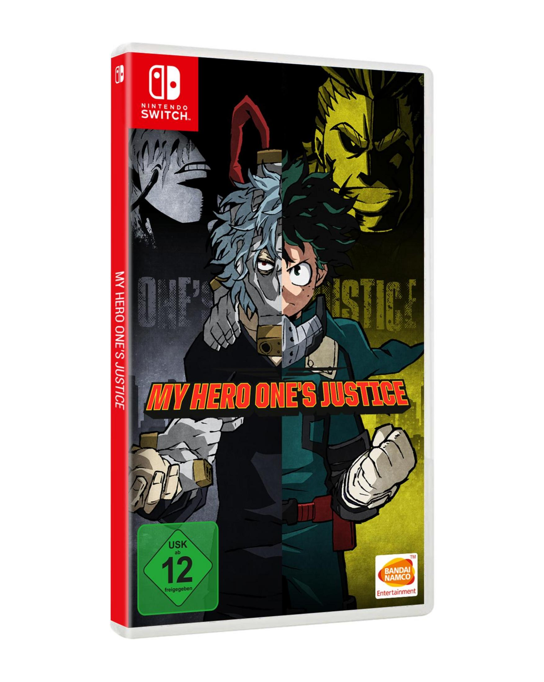 Copertina del gioco My Hero One's Justice con facce di personaggi divise e un design scuro e stilizzato.