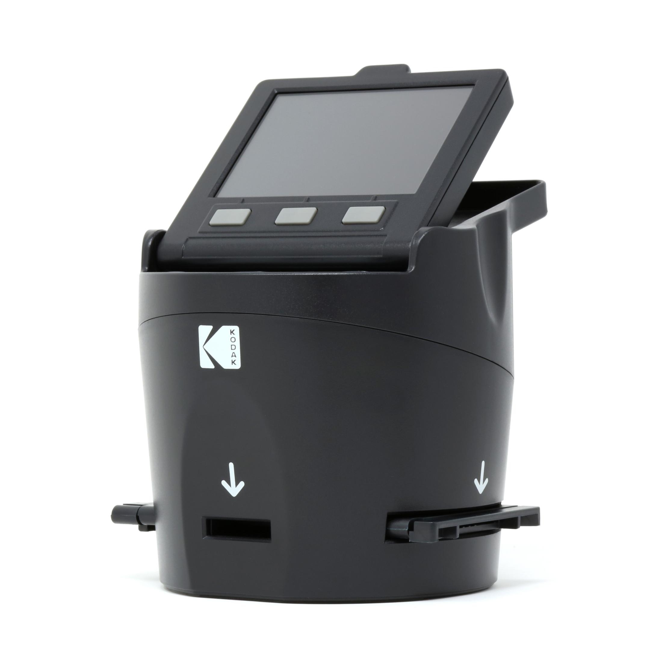 Schwarzer Kodak Filmscanner mit kleinem Bildschirm auf weißem Hintergrund.
