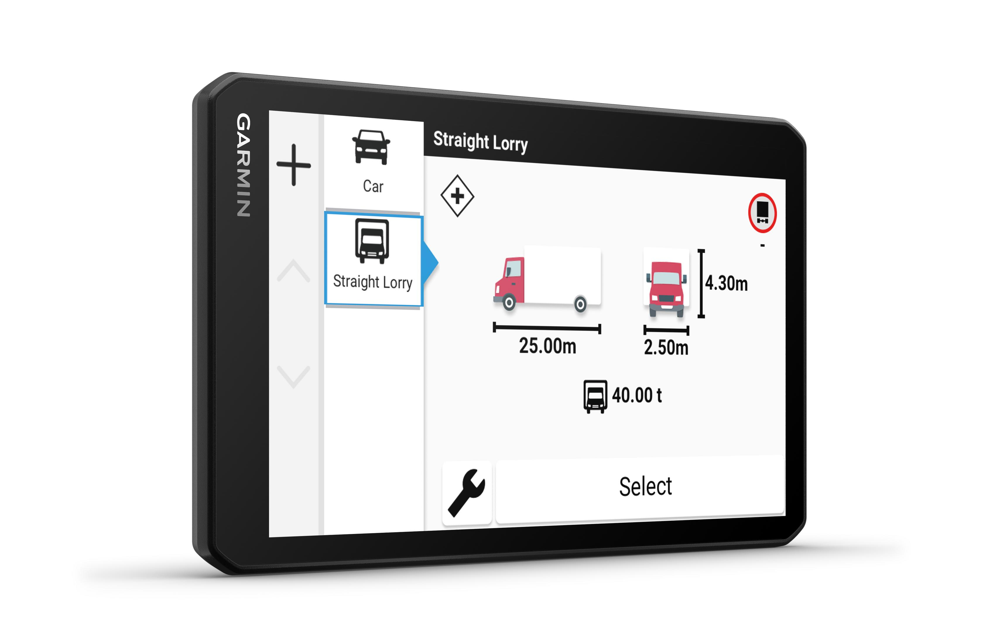 Un dispositivo GPS Garmin che mostra una schermata di selezione di camion dritto con dimensioni e peso.