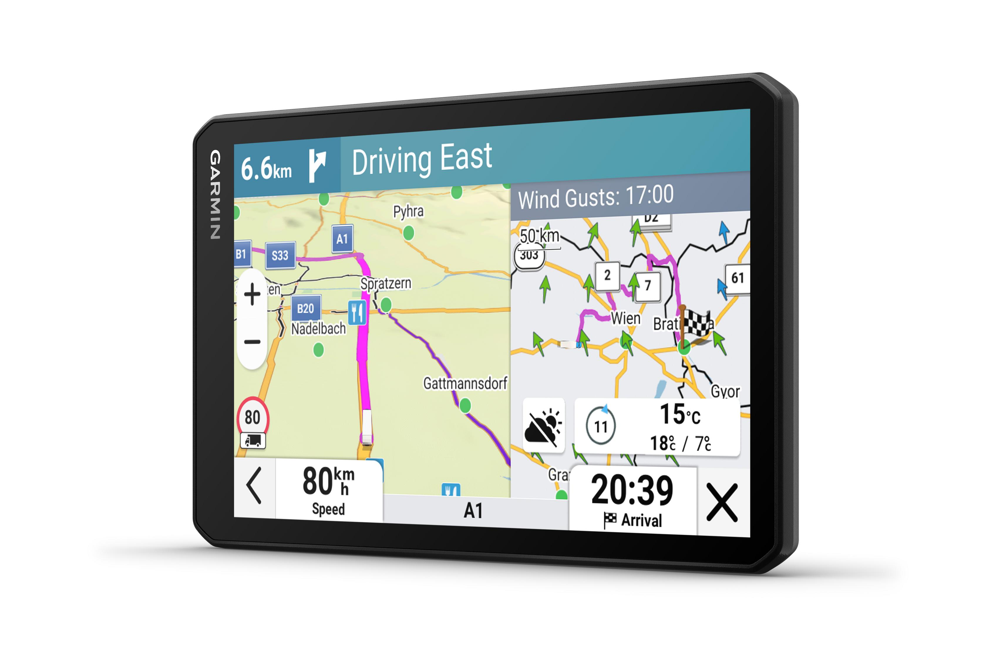 Dispositivo GPS che mostra una mappa con indicazioni stradali e informazioni meteorologiche.