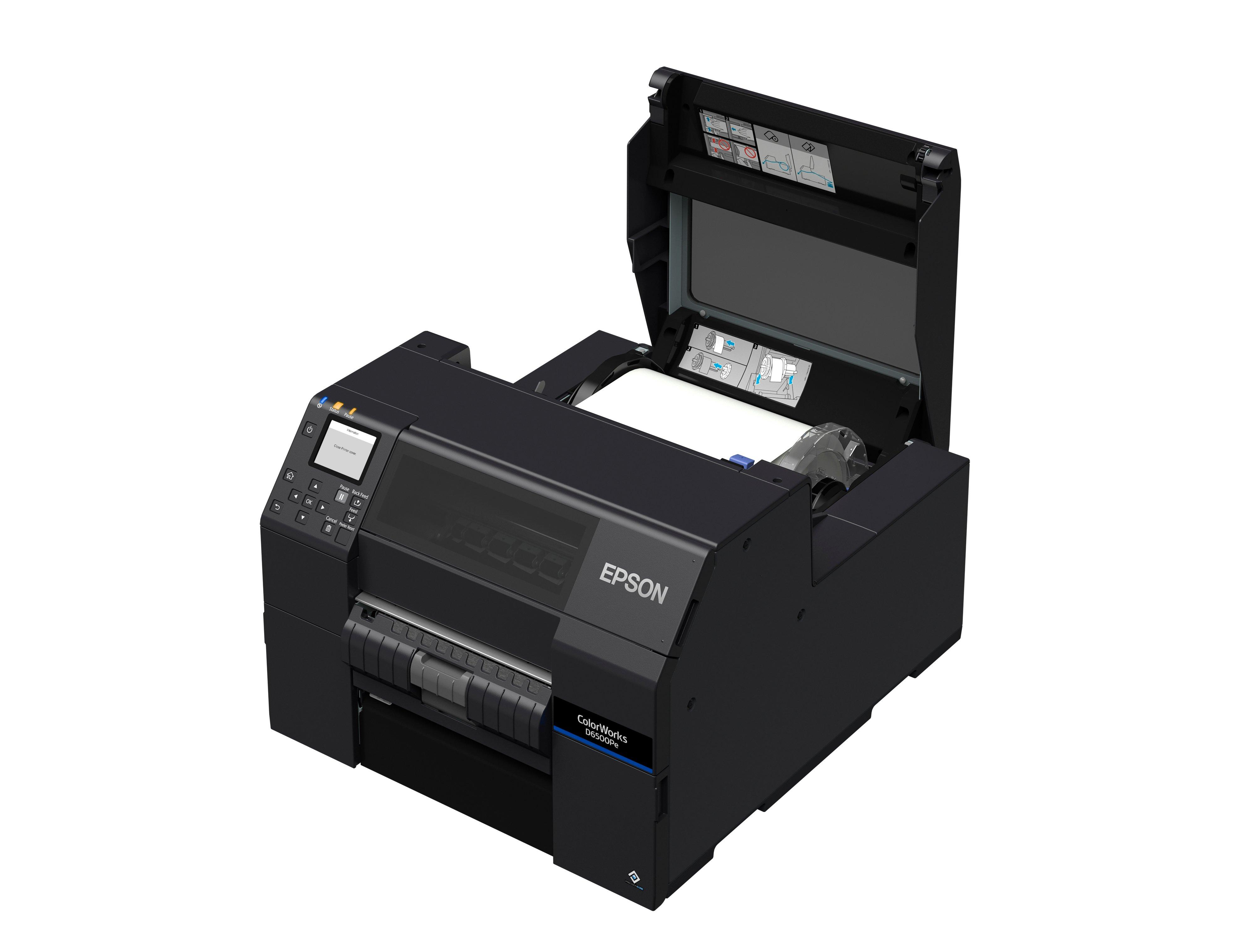 Stampante nera ColorWorks D6500Pe con parte superiore aperta, su sfondo bianco.