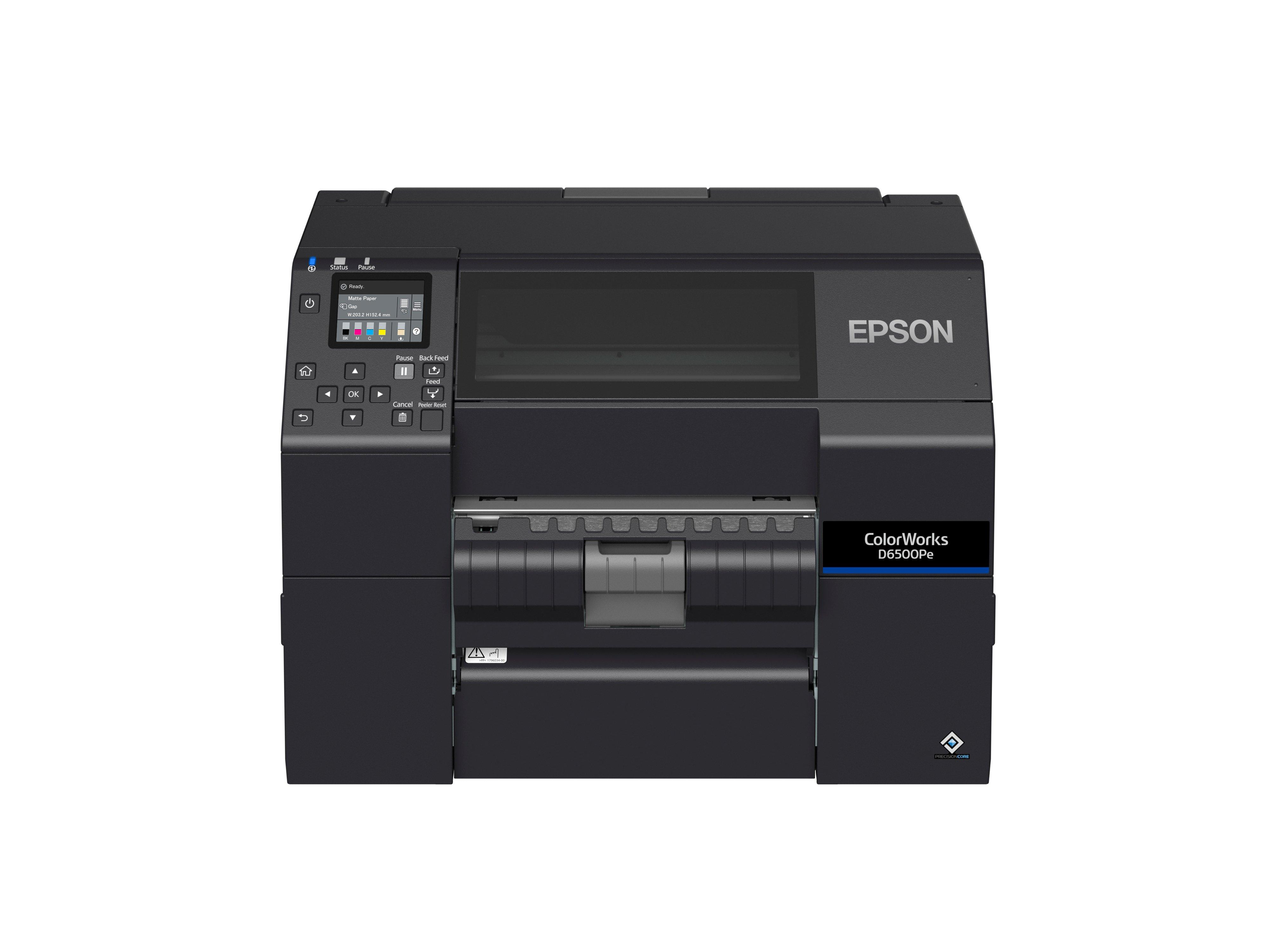 La stampante nera ColorWorks D6500Pe si trova su uno sfondo bianco, vista frontale.