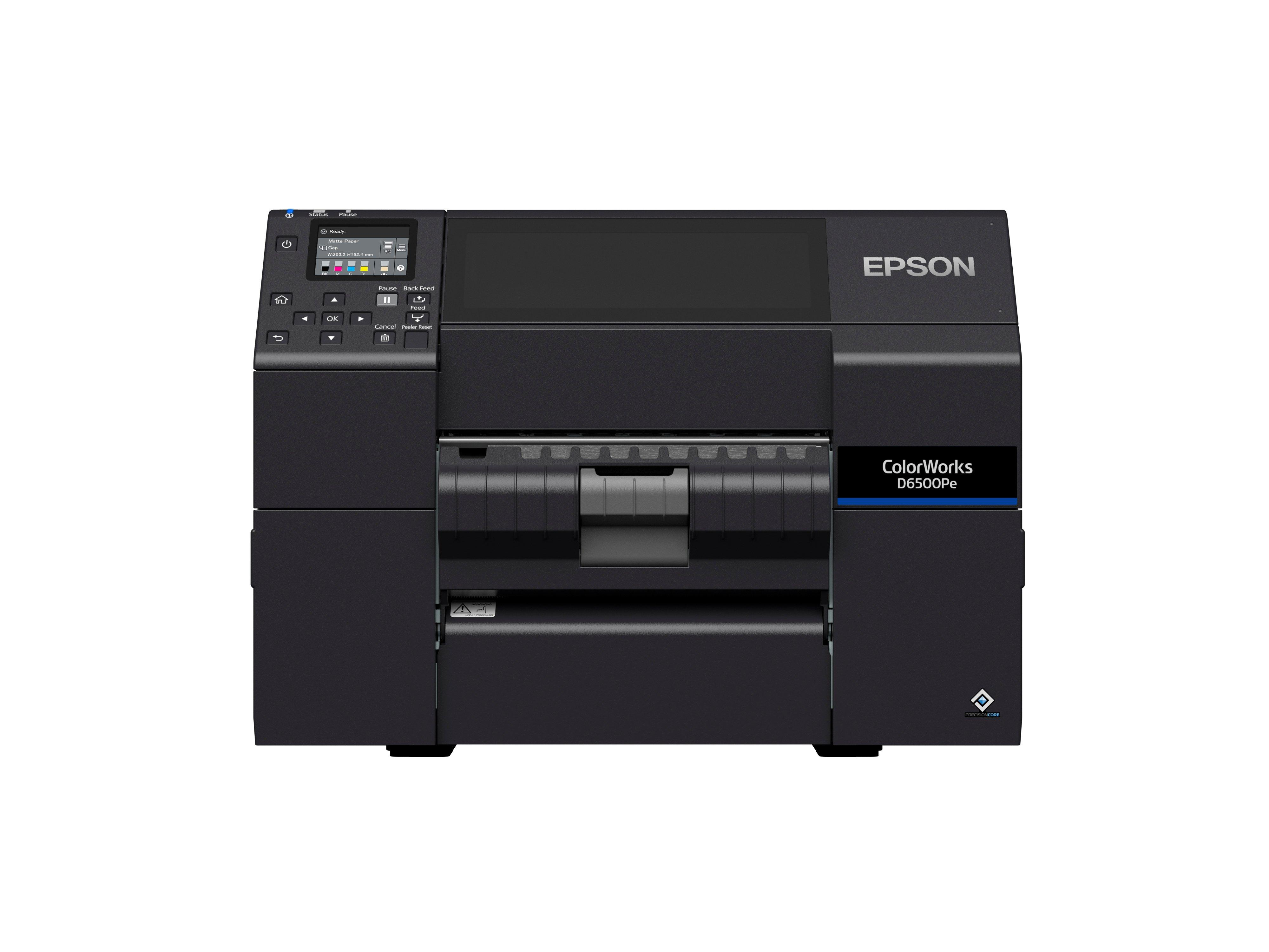 Stampante nera ColorWorks D6500Pe, vista frontale, su sfondo bianco.