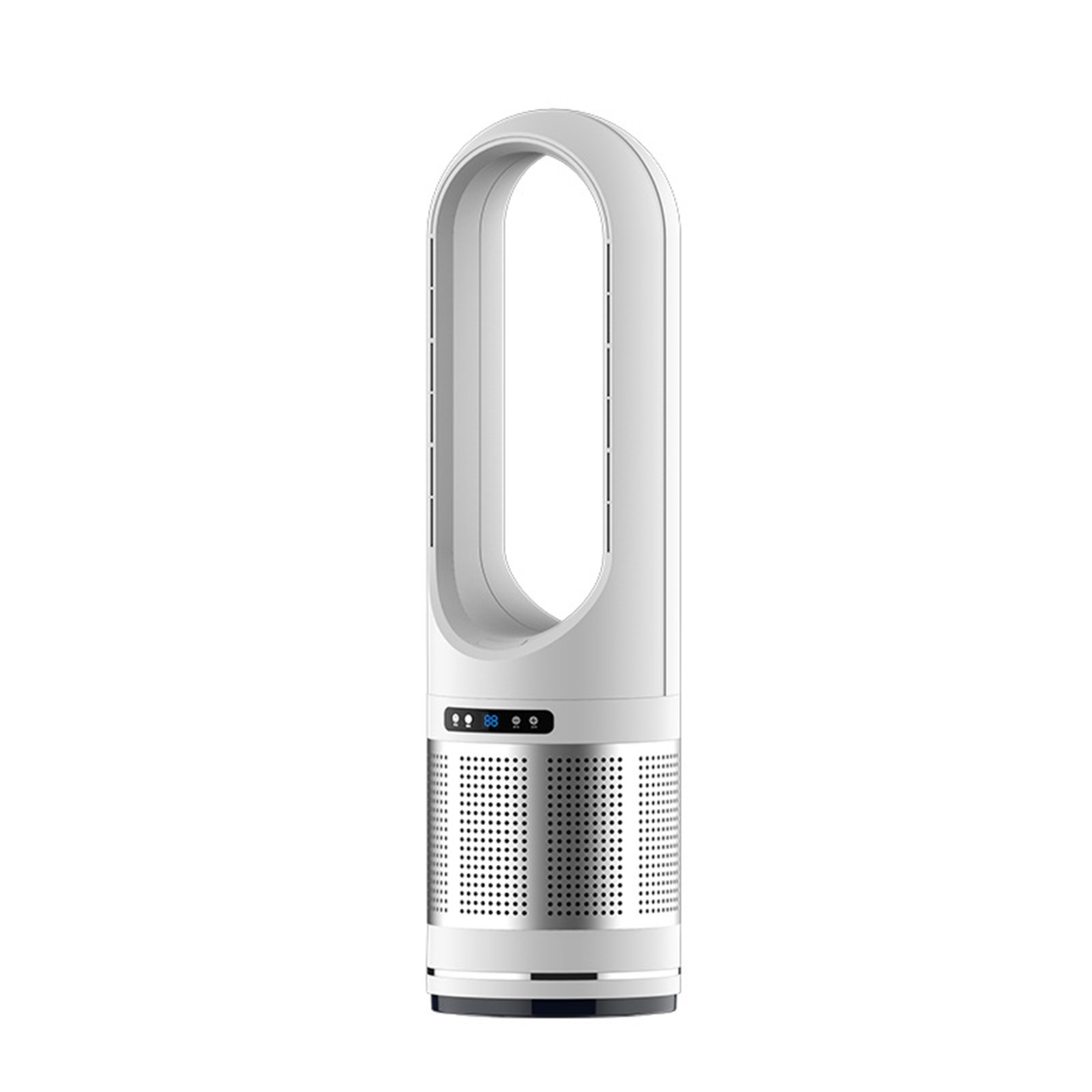Weißer, blattloser Ventilator mit silbernen Akzenten, der aufrecht vor einem weißen Hintergrund steht und ein modernes Design zeigt.